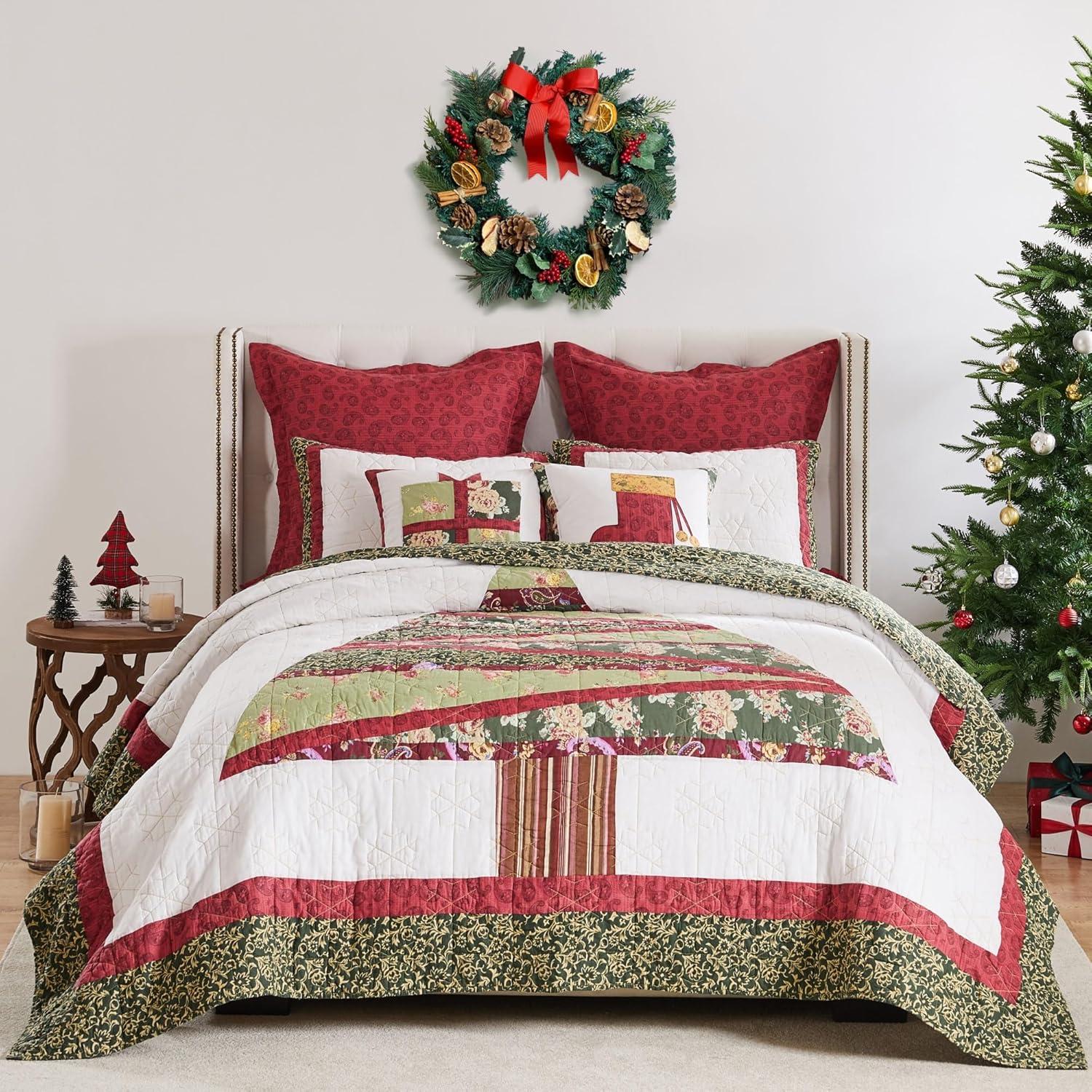 Festive Christmas Tree Reversible Cotton Full Quilt Set