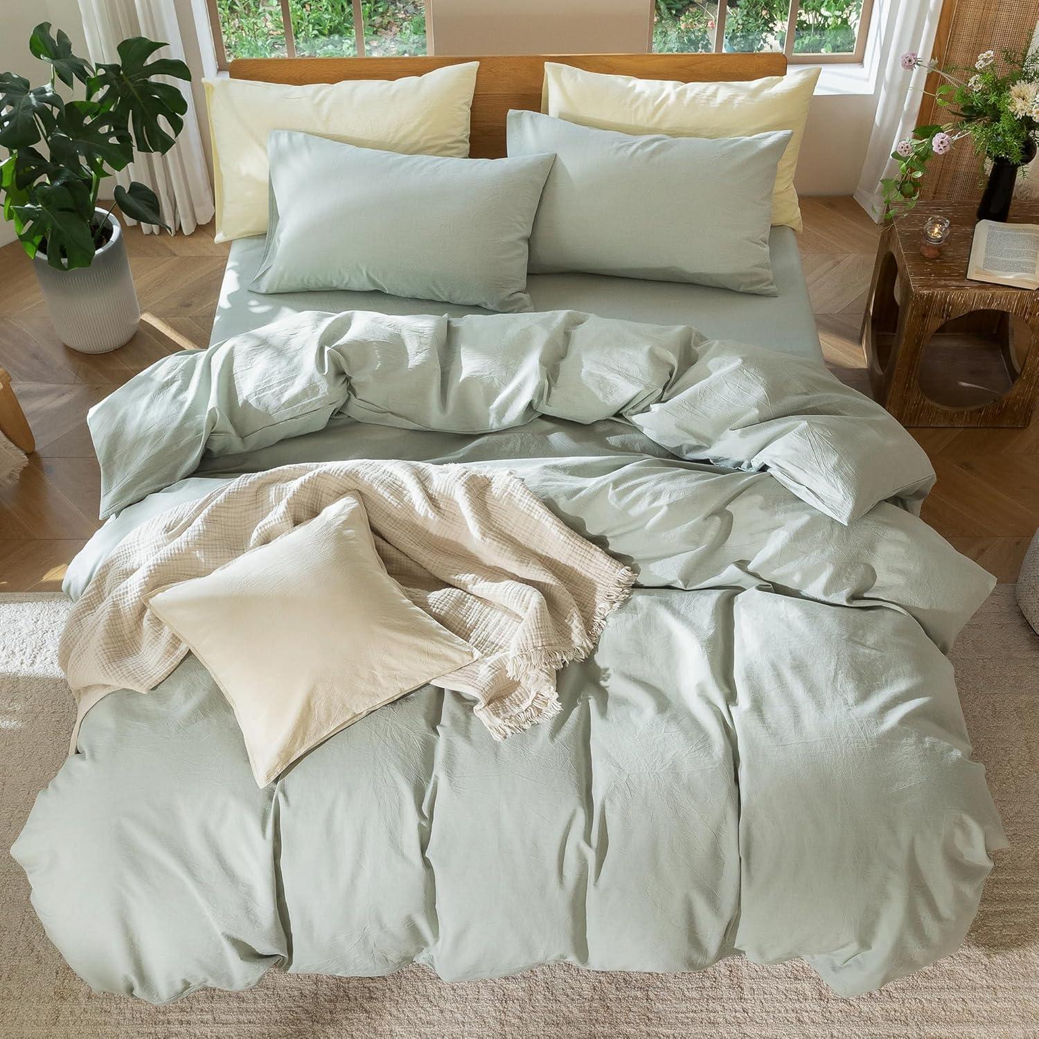 MOOMEE 100% Washed Cotton Linen Like Textured Duvet Cover Set