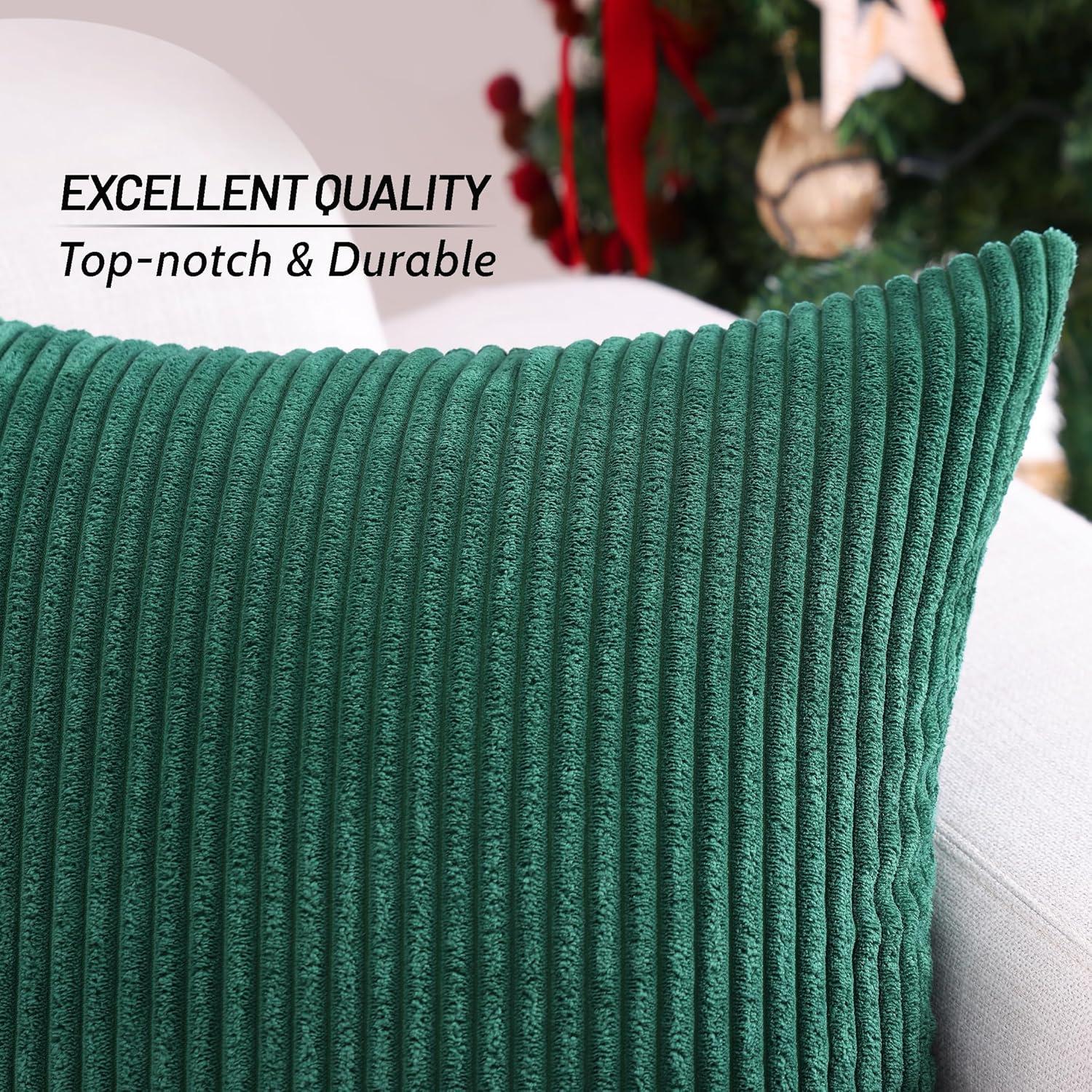 Soft Corduroy Striped Velvet Rectangle Decorative Throw Pillow Cusion For Couch, 12" x 20", Green, 2 Pack