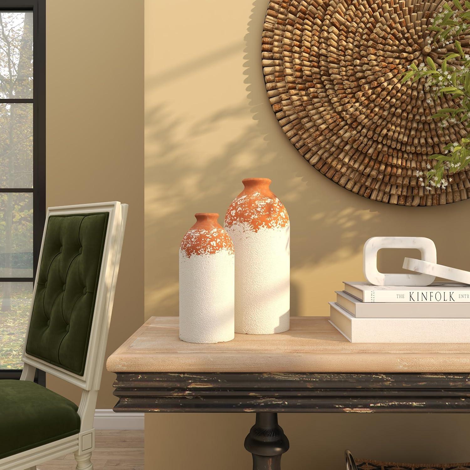 Novogratz Ceramic Decorative White Vase with Terracotta Detailing Set