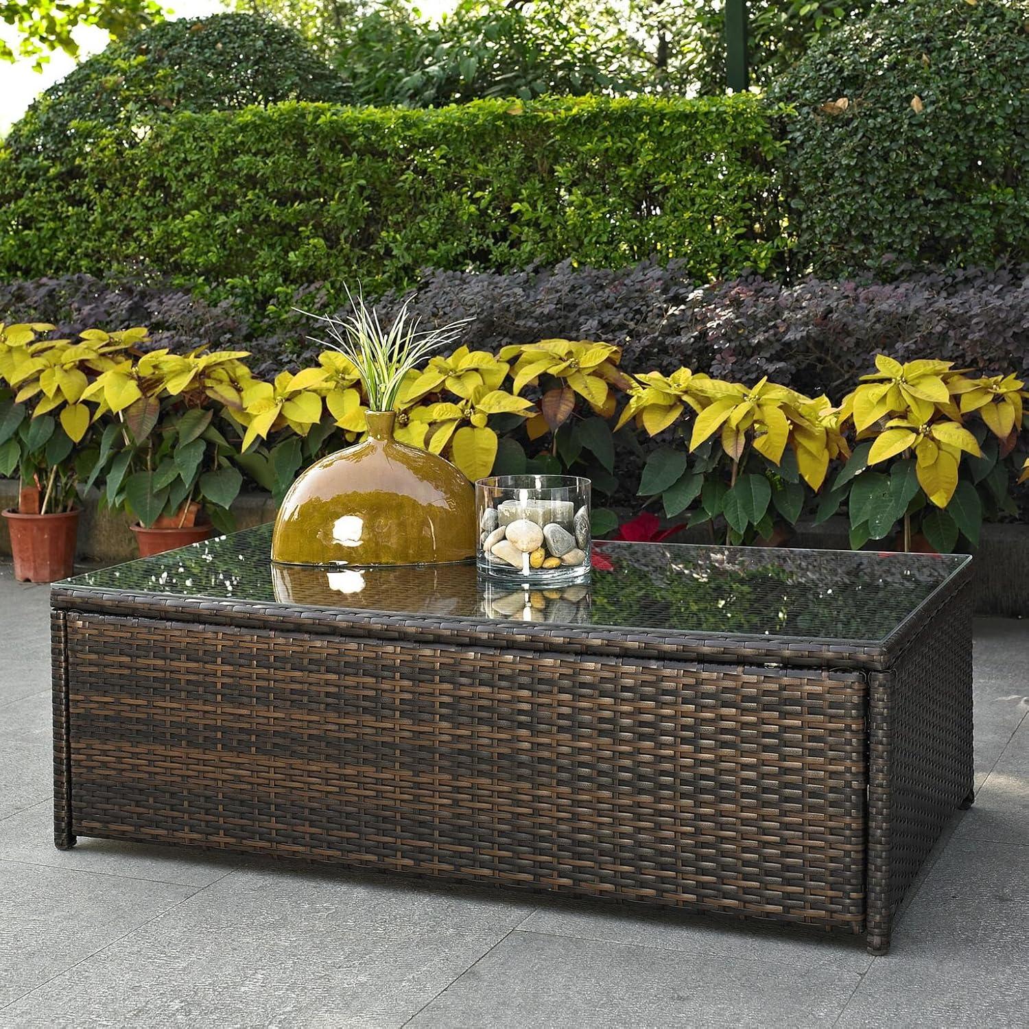 Palm Harbor Outdoor Wicker Coffee Table - Brown - Crosley: Steel Frame, Tempered Glass Top, UV & Weather-Resistant