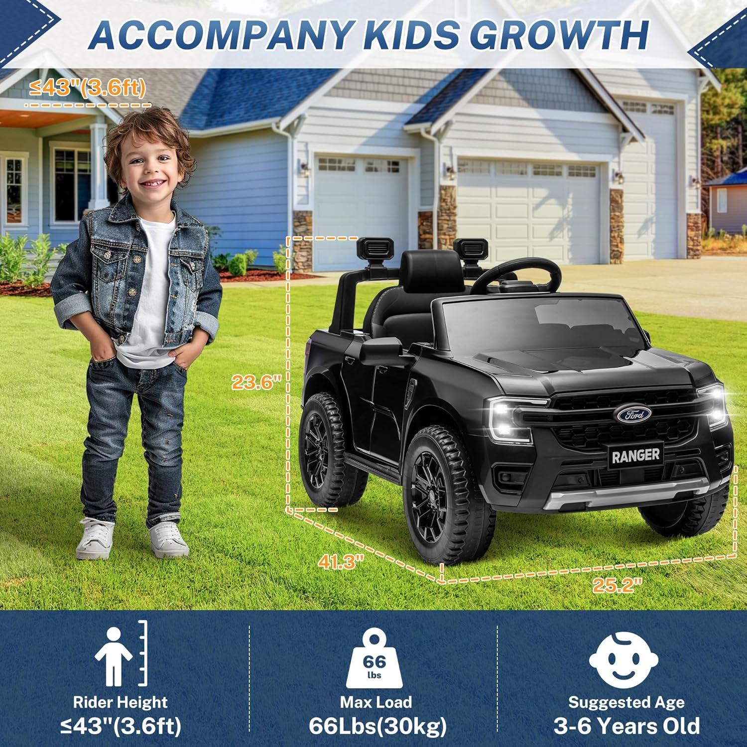 Ford Ranger Ride on Truck, 12V Powered Ride on Toy Cars with Remote Control, Bluetooth, MP3 Player, Safety Belt, LED Lights, Horn, Rear Wheels Drive Kids Electric Car for Boys Girls 3-6 Ages, Black