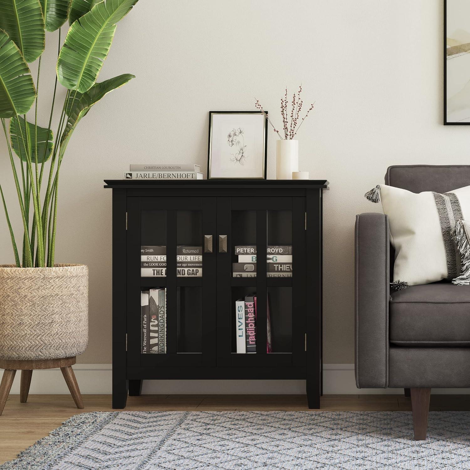 Artisan Black Solid Wood Low Storage Cabinet with Adjustable Shelves