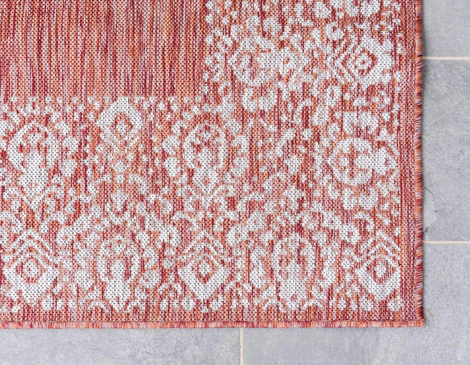 Rust Red Floral Easy-Care Outdoor Synthetic Runner Rug