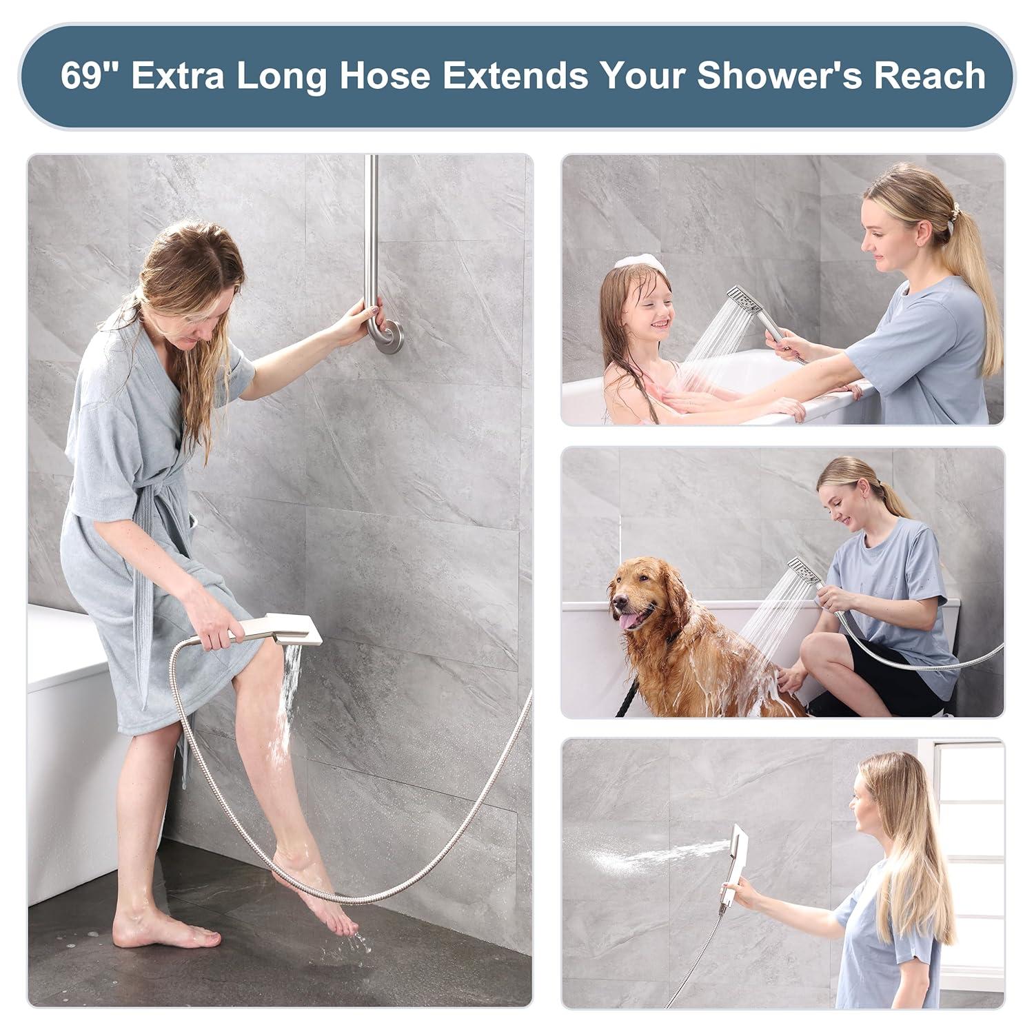 BRIGHT SHOWERS Rain Shower Head Combo, 8" Rainfall Shower with Handheld Spray, 60" Hose, 3-Way Diverter, Wall Bracket, Brushed Nickel