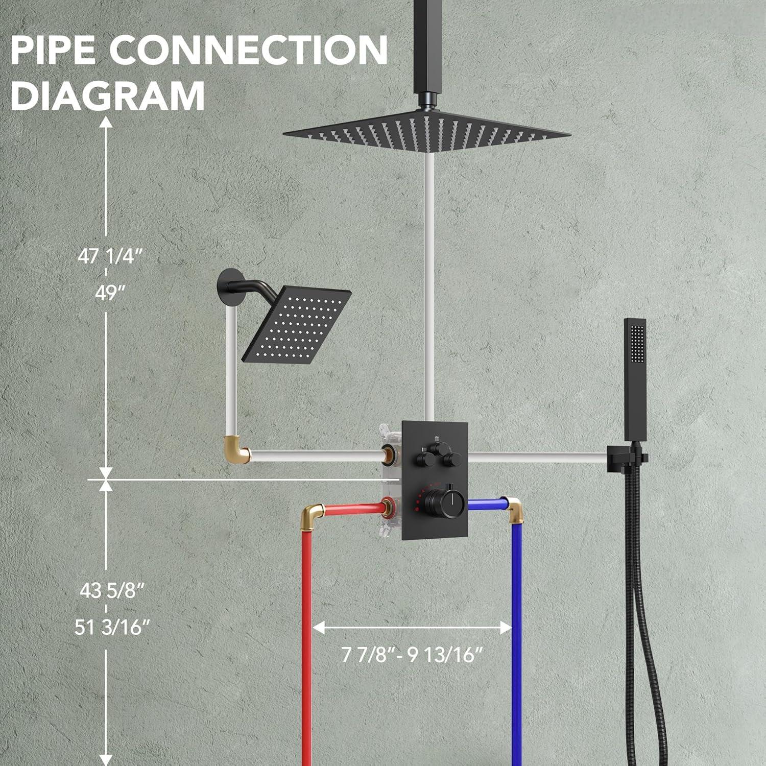 Thermostatic Shower Faucet 12" High-Pressure Dual Showerheads with Rough-In Valve