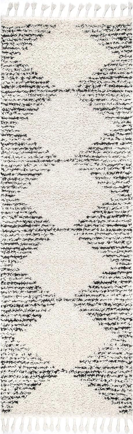 Off-White Synthetic Moroccan Diamond Shag Runner Rug with Braided Tassels