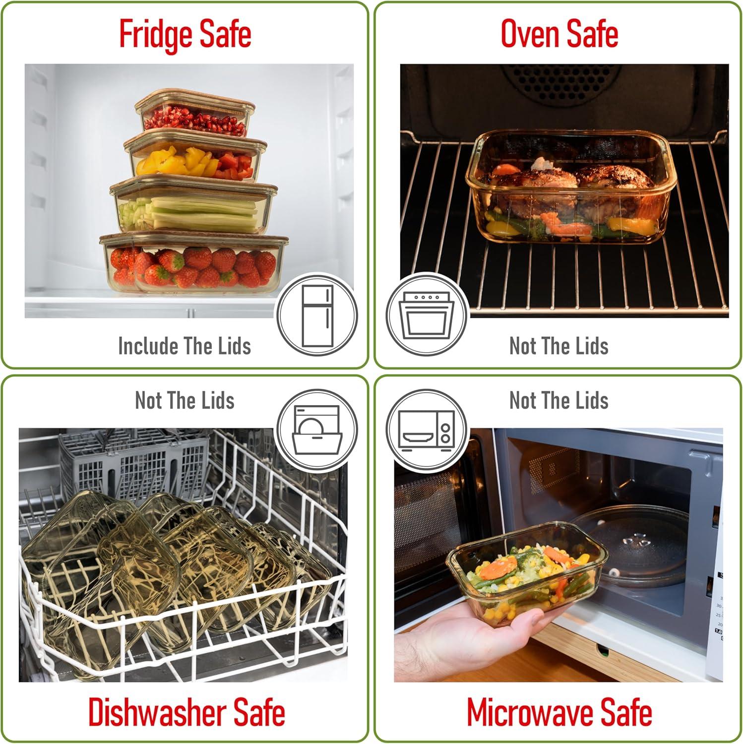 Amber Glass Meal Prep Containers with Acacia Lids, Set of 4