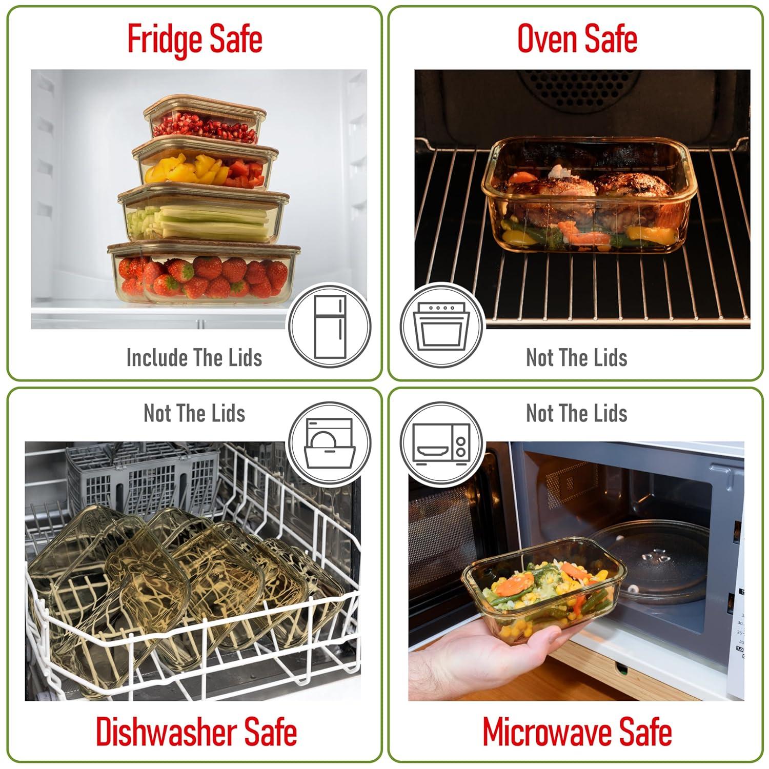 Amber Glass Meal Prep Containers with Acacia Lids, Set of 4