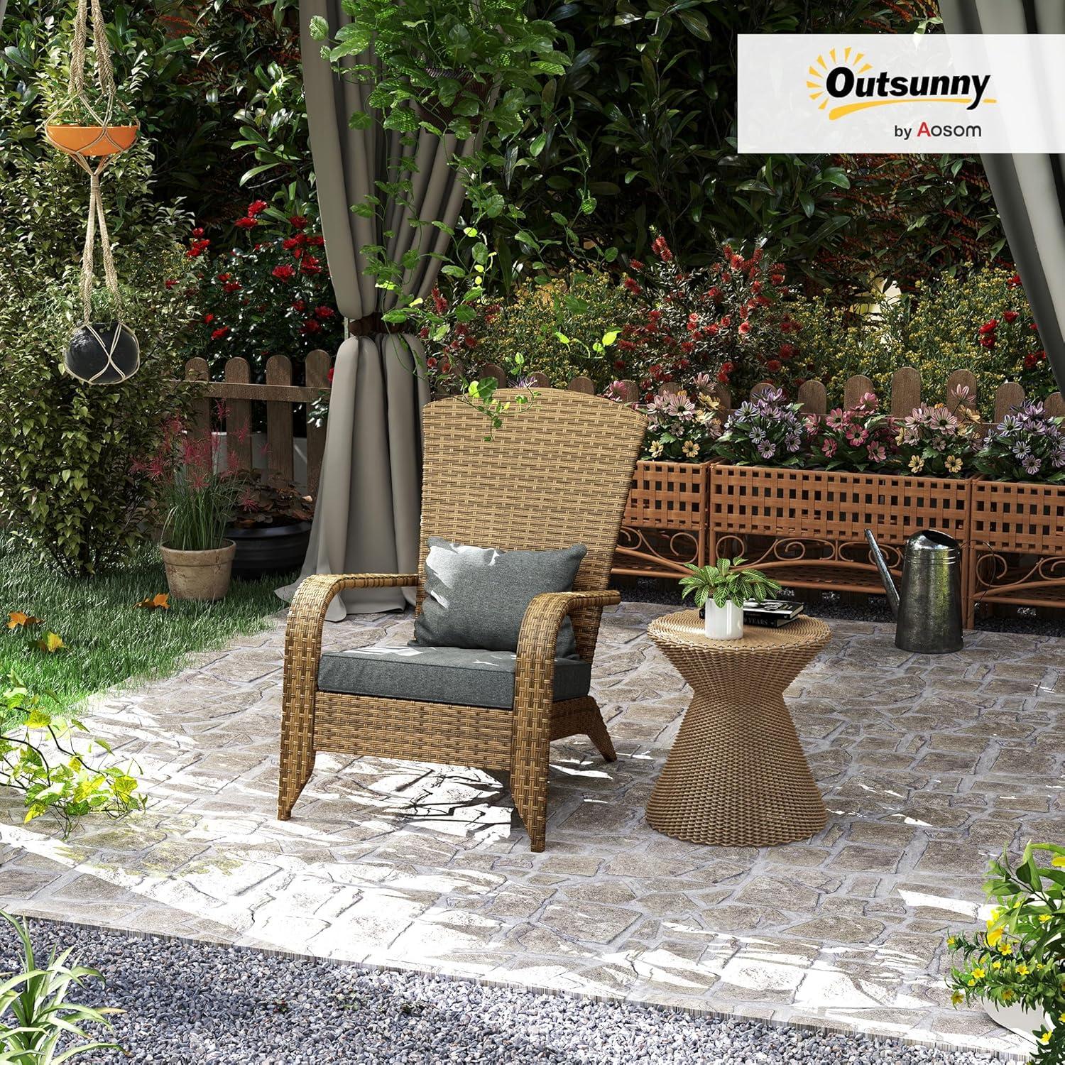 Outsunny Patio Adirondack Chair with All-Weather Rattan Wicker, Soft Cushions, Tall Curved Backrest for Deck or Garden, Light Gray