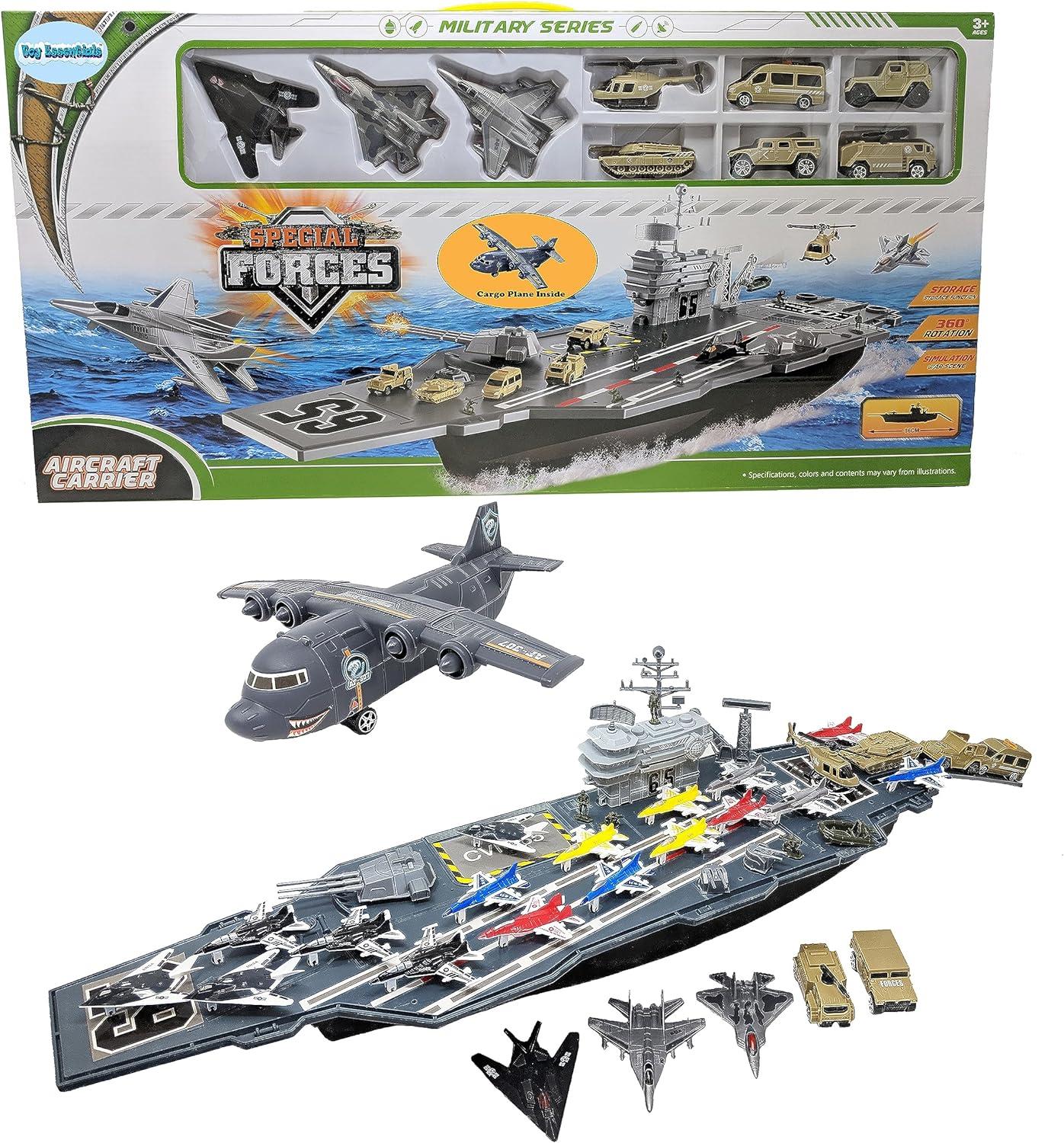 33-Inch Black Aircraft Carrier Toy with Assorted Military Vehicles