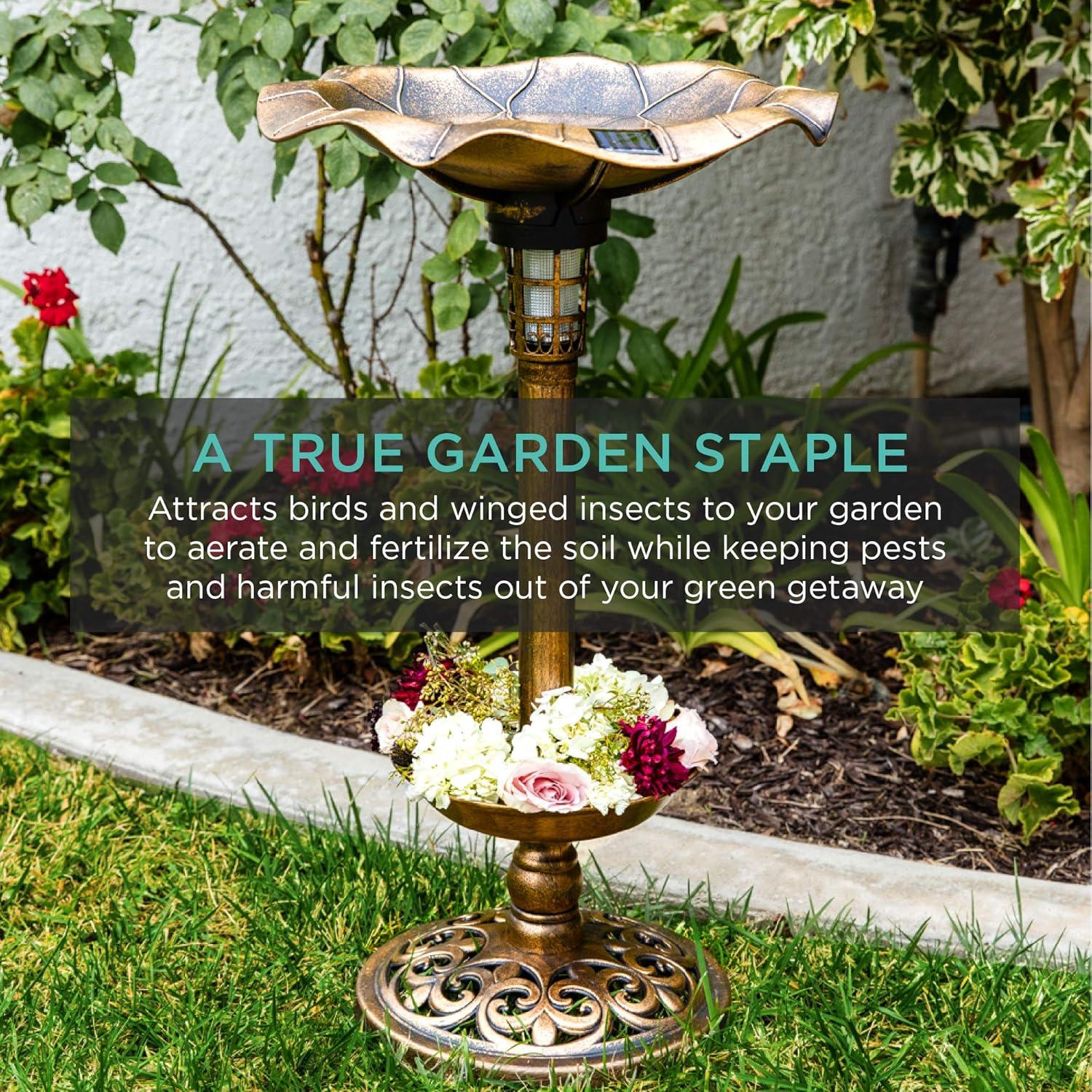 Bronze Solar Lighted Pedestal Bird Bath with Planter