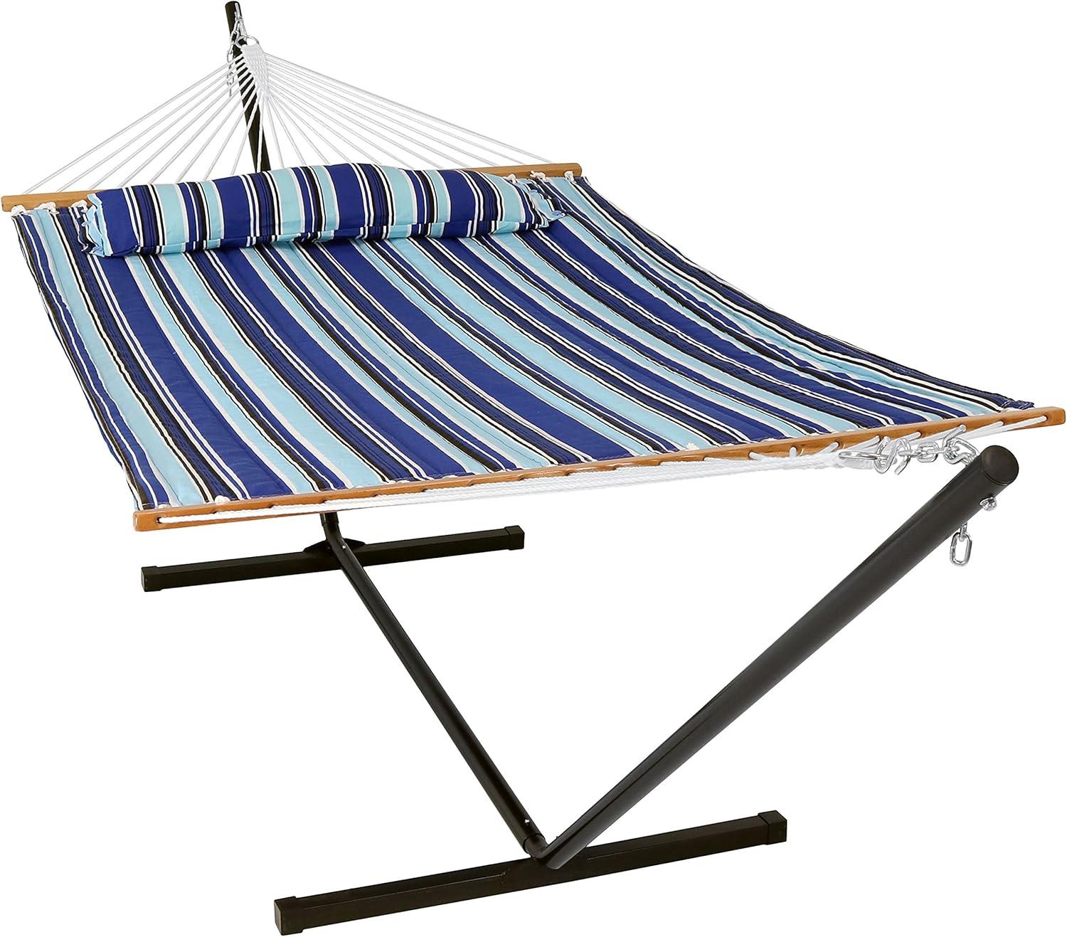 Sunnydaze Outdoor 2-Person Double Polyester Quilted Hammock with Wood Spreader Bar and 12ft Black Steel Stand - Catalina Beach