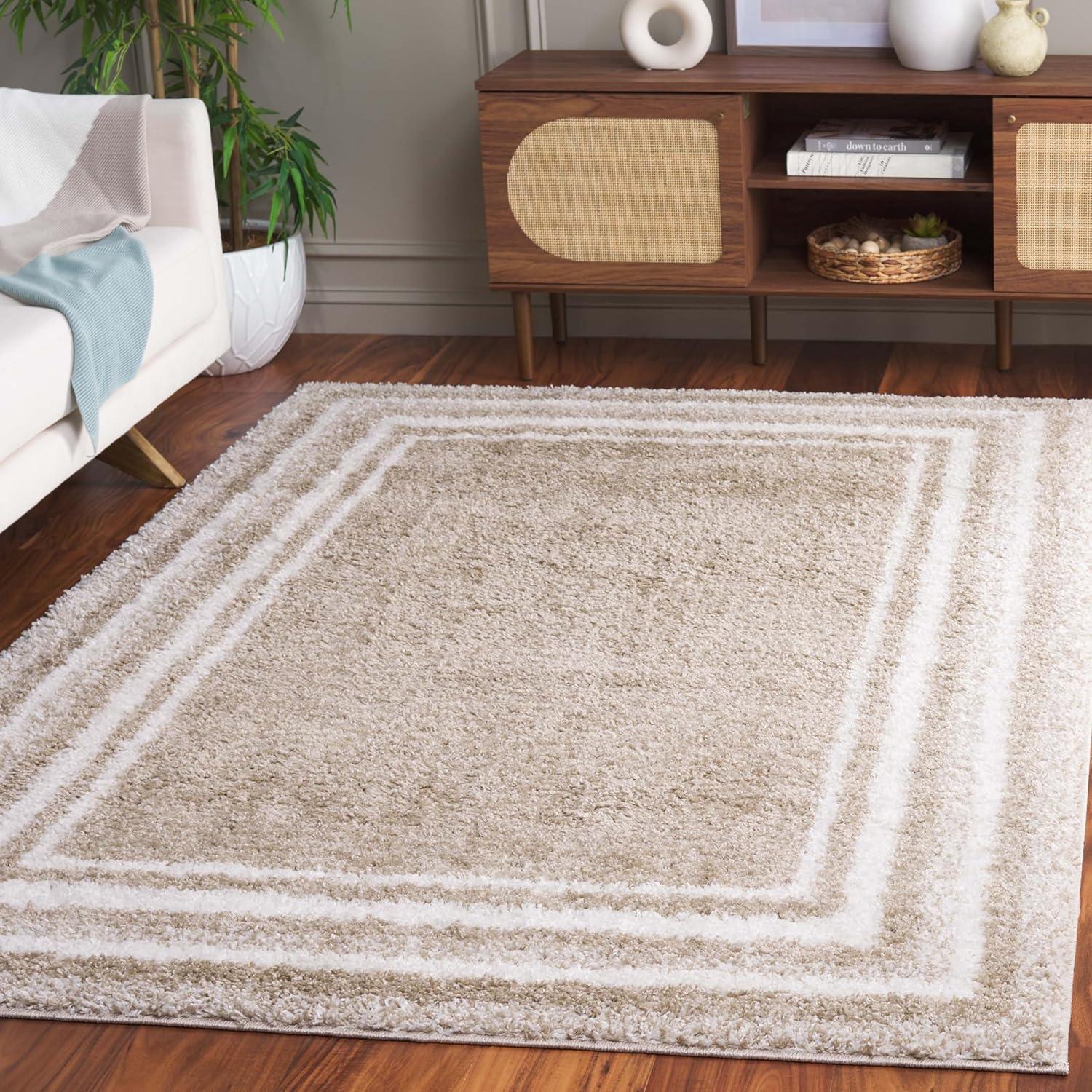 SAFAVIEH Border & Stripe Hyram Bordered Shag Area Rug, Beige/Ivory, 5'3" x 7'6"