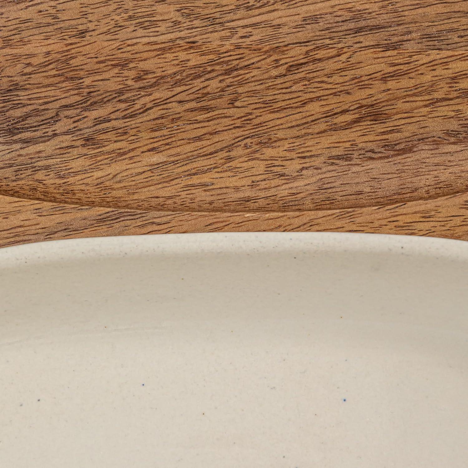 Cream Stoneware Serving Dish with Mango Wood Base