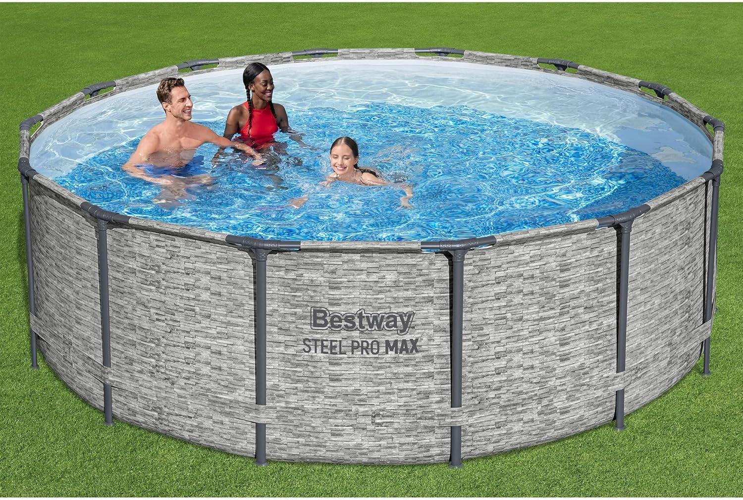 Bestway Steel Pro MAX Round Above Ground Swimming Pool Set with Metal Frame Filter Pump, Ladder, and Cover