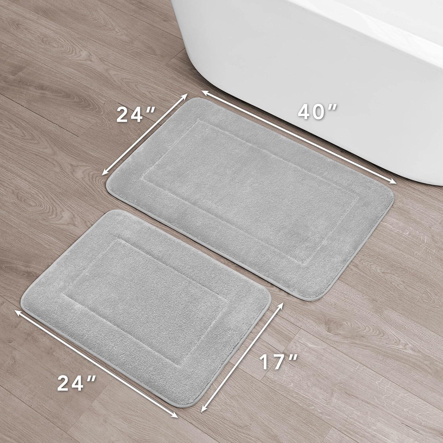Terry Bath Mats, Set of 2 Memory Foam Bath Rugs, Non-Slip, 100% Polyester, Premium Bathroom Decor, Machine Washable, Measures 17 in. x 24 in. / 20 in. x 32 in., Light Gray