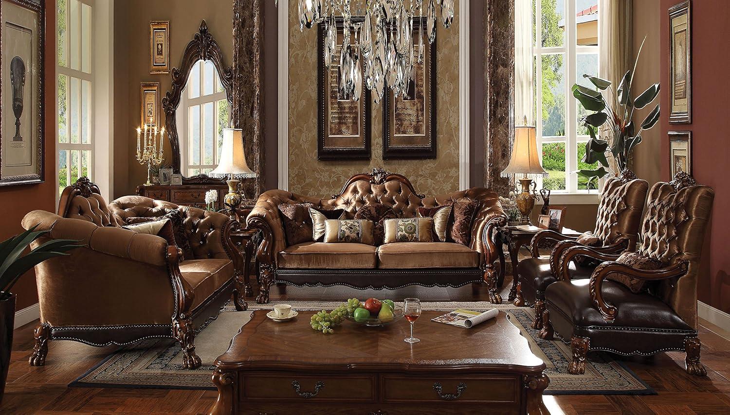 Acme Furniture Dresden Sofa Golden Brown Velvet/Cherry Oak