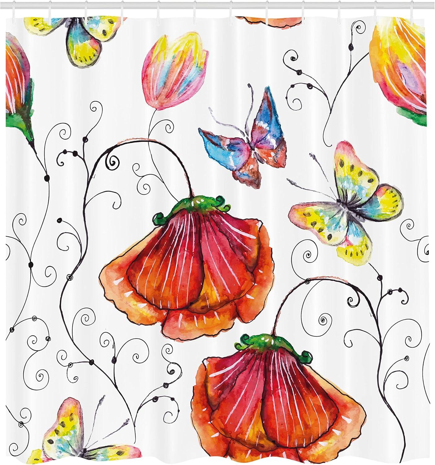 Watercolor Floral and Butterfly Polyester Shower Curtain, 69" W x 70" L, Multicolor