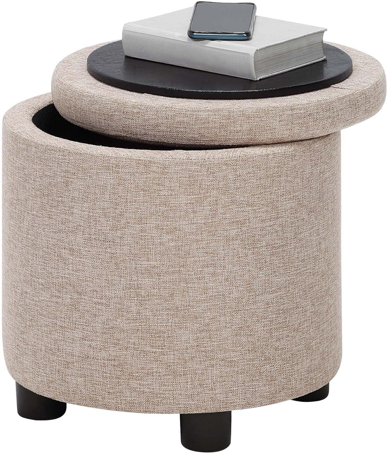 Designs4Comfort Round Accent Storage Ottoman with Reversible Tray Lid, Tan Fabric