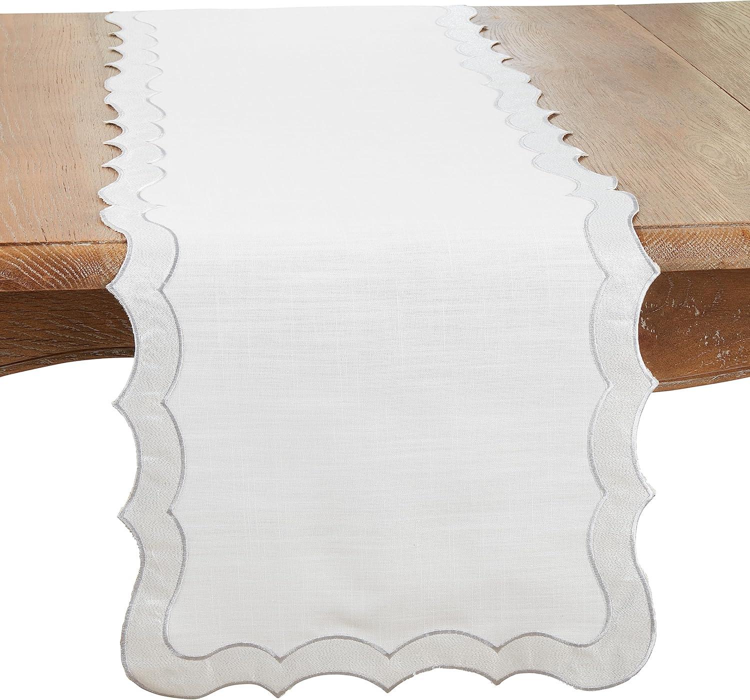 Elegant White and Silver Scallop Edge Polyester Table Runner