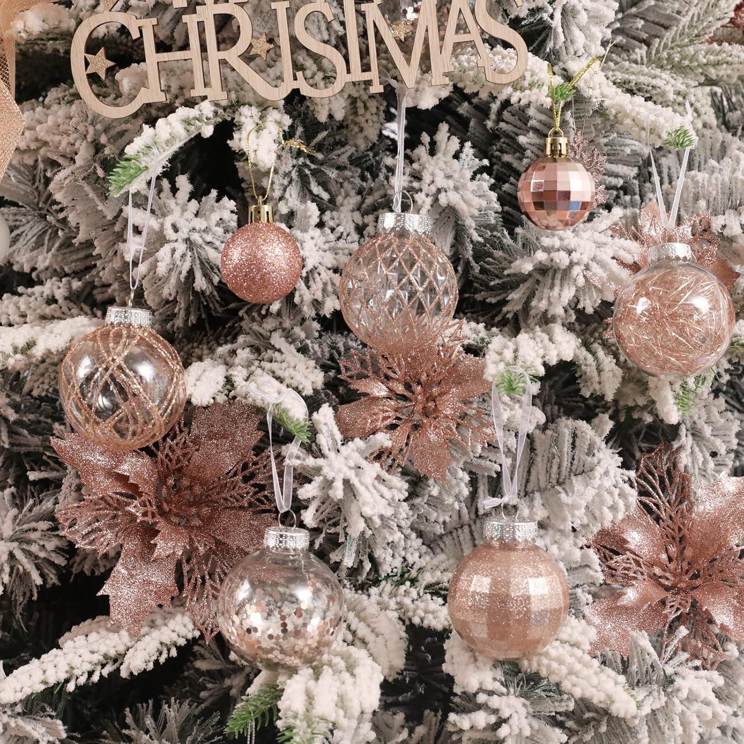 30ct Christmas Ball Ornaments-60mm/2.36" Shatterproof Clear Plastic Xmas Balls Baubles Set with Stuffed Delicate Sparkling, Hanging Christmas Tree Decorations (Brown)