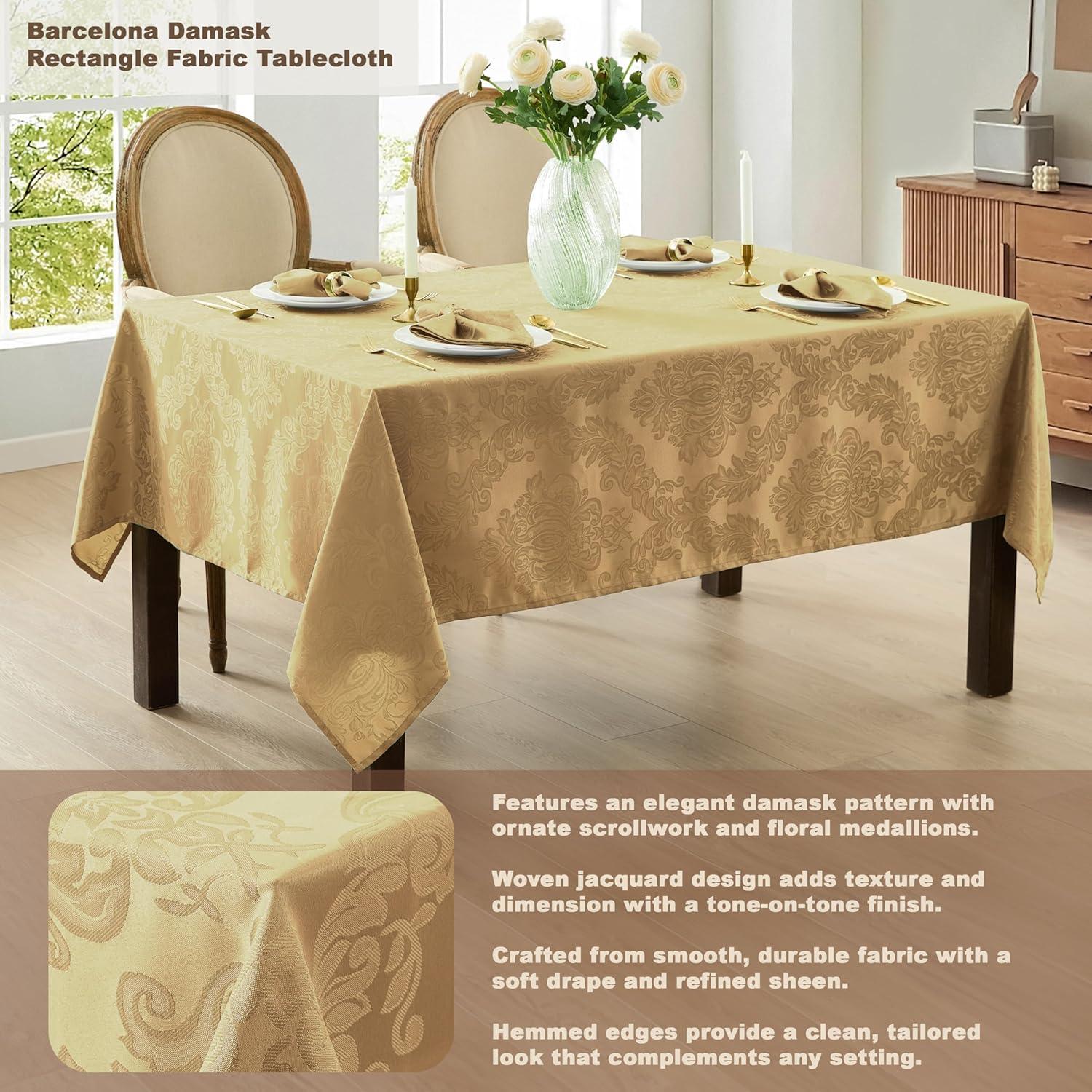 Barcelona Jacquard Damask Stain Resistant Tablecloth - 60" x 144" Rectangle - Gold - Elrene Home Fashions
