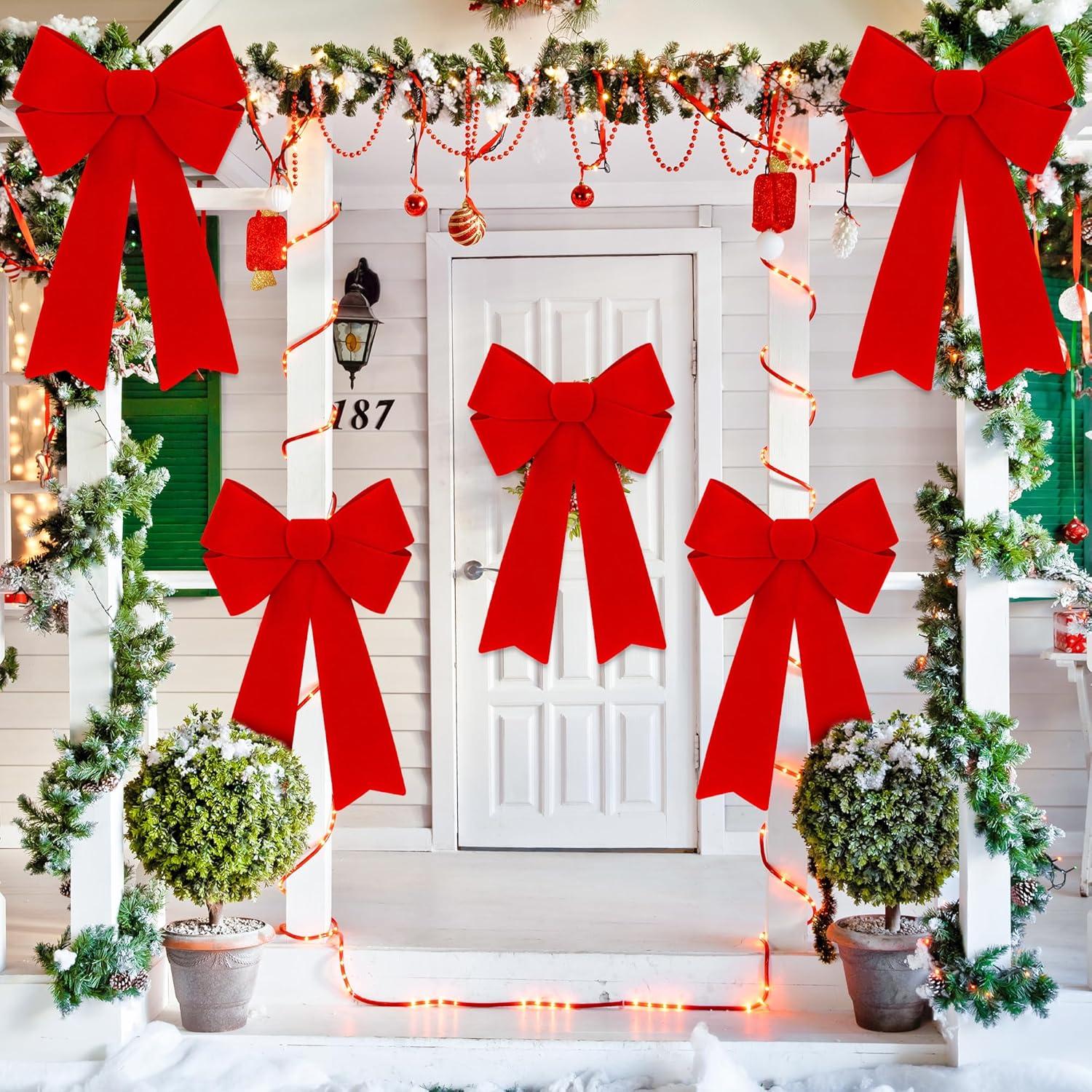 2 PCS Christmas Decorations, 12 x 18 Inches Large Christmas Bows, Red Velvet PVC Indoor Outdoor Christmas Tree Bows Wreath Bow Party Supplies Xmas Ornaments for Door Fireplace Stairs Railing Porch