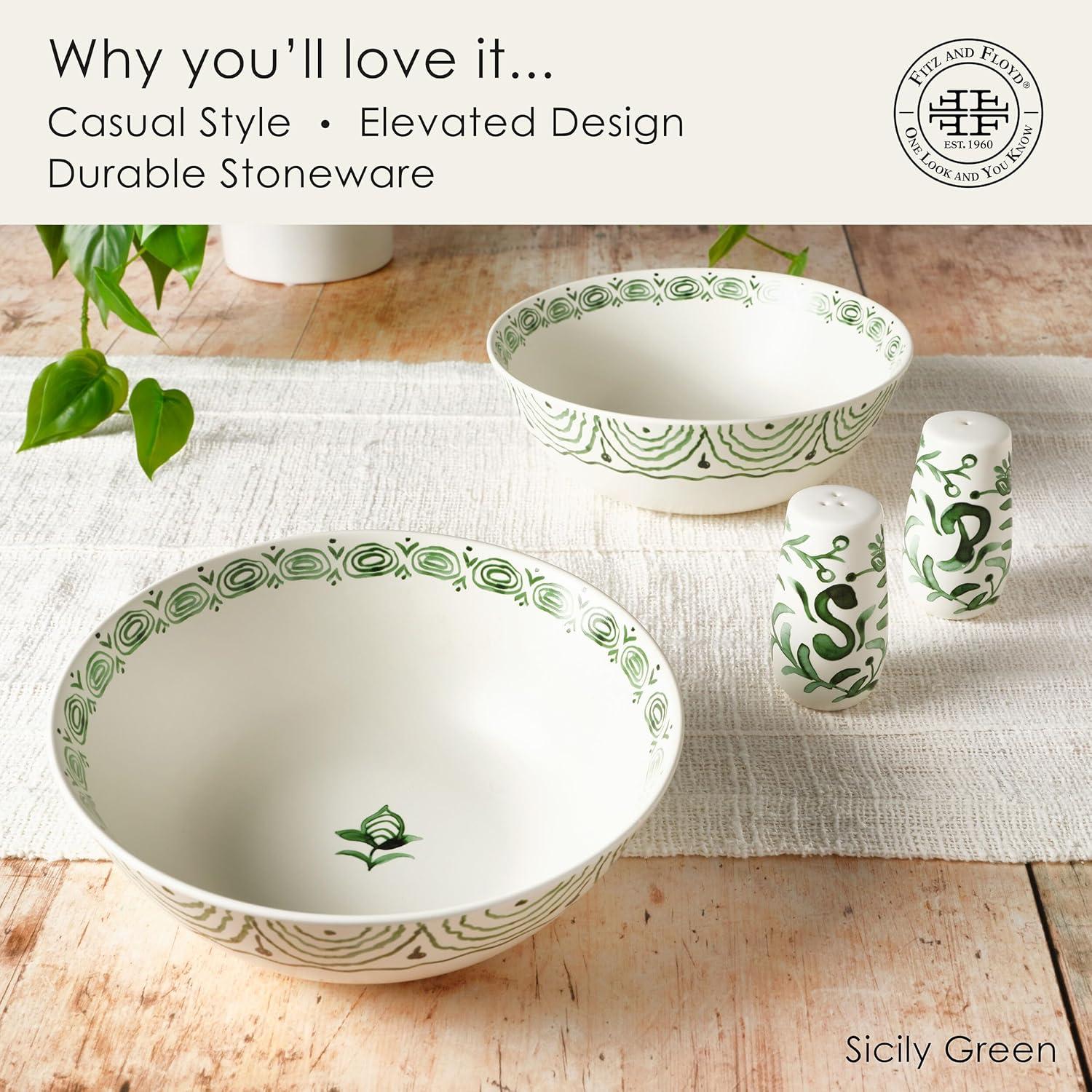 Fitz And Floyd Green Sicily Serve Bowl/Salt & Pepper Set