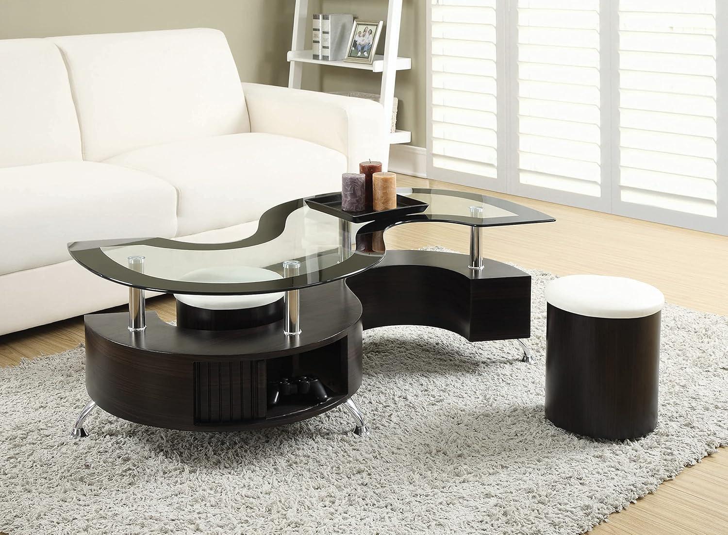 Serpentine Cappuccino Coffee Table with Chrome Accents and Stools