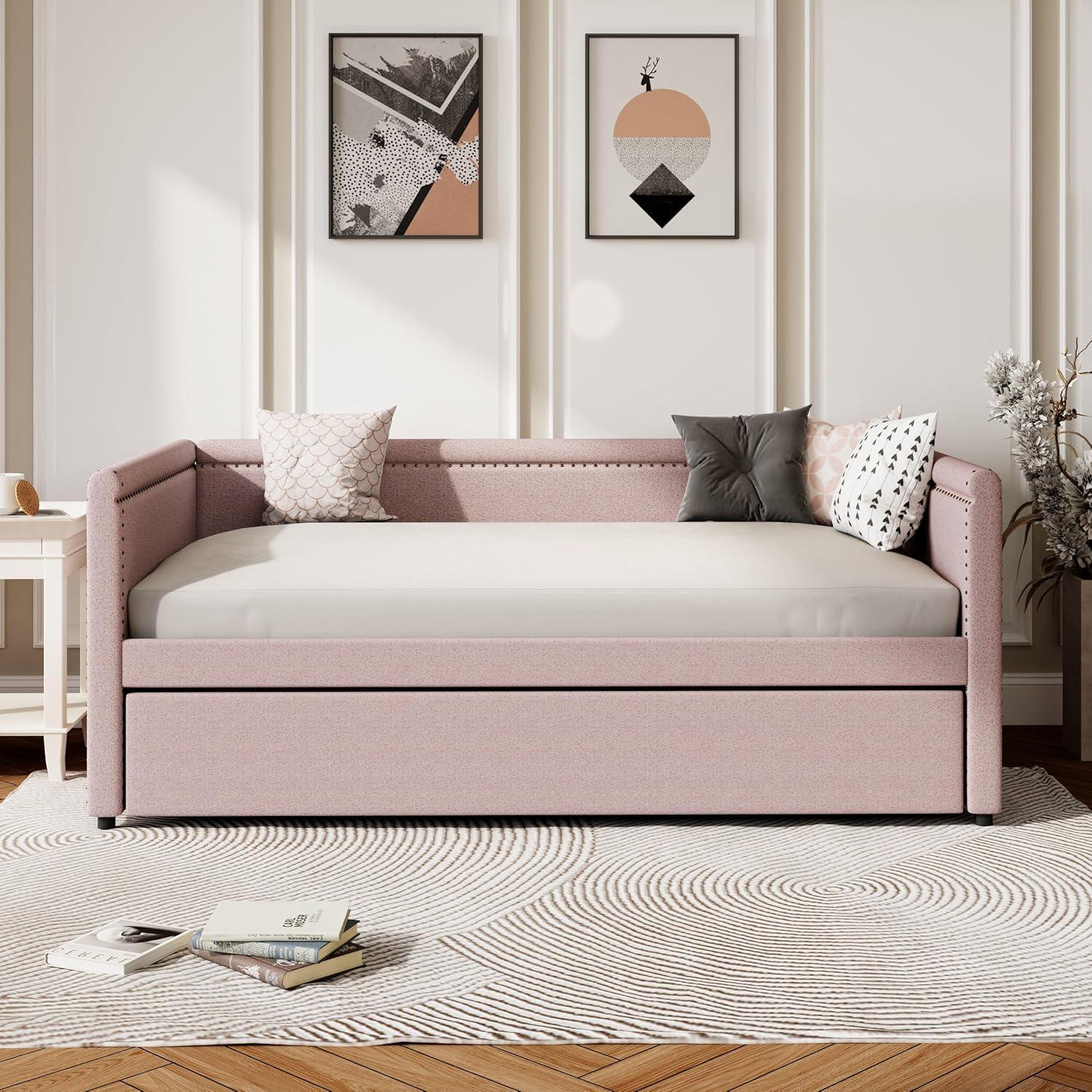Pink Modern Style Twin Size Linen Upholstered Daybed with Trundle, Curved Arms, Nailhead Trims