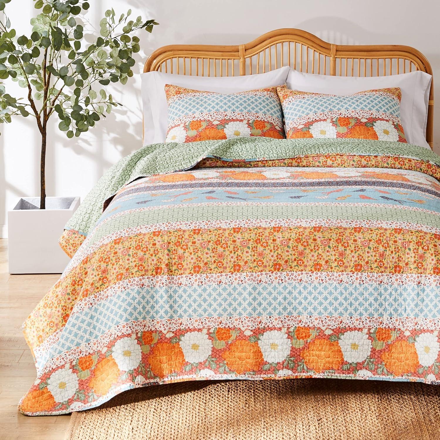 Carlie Blue and Orange Reversible Twin Quilt Set