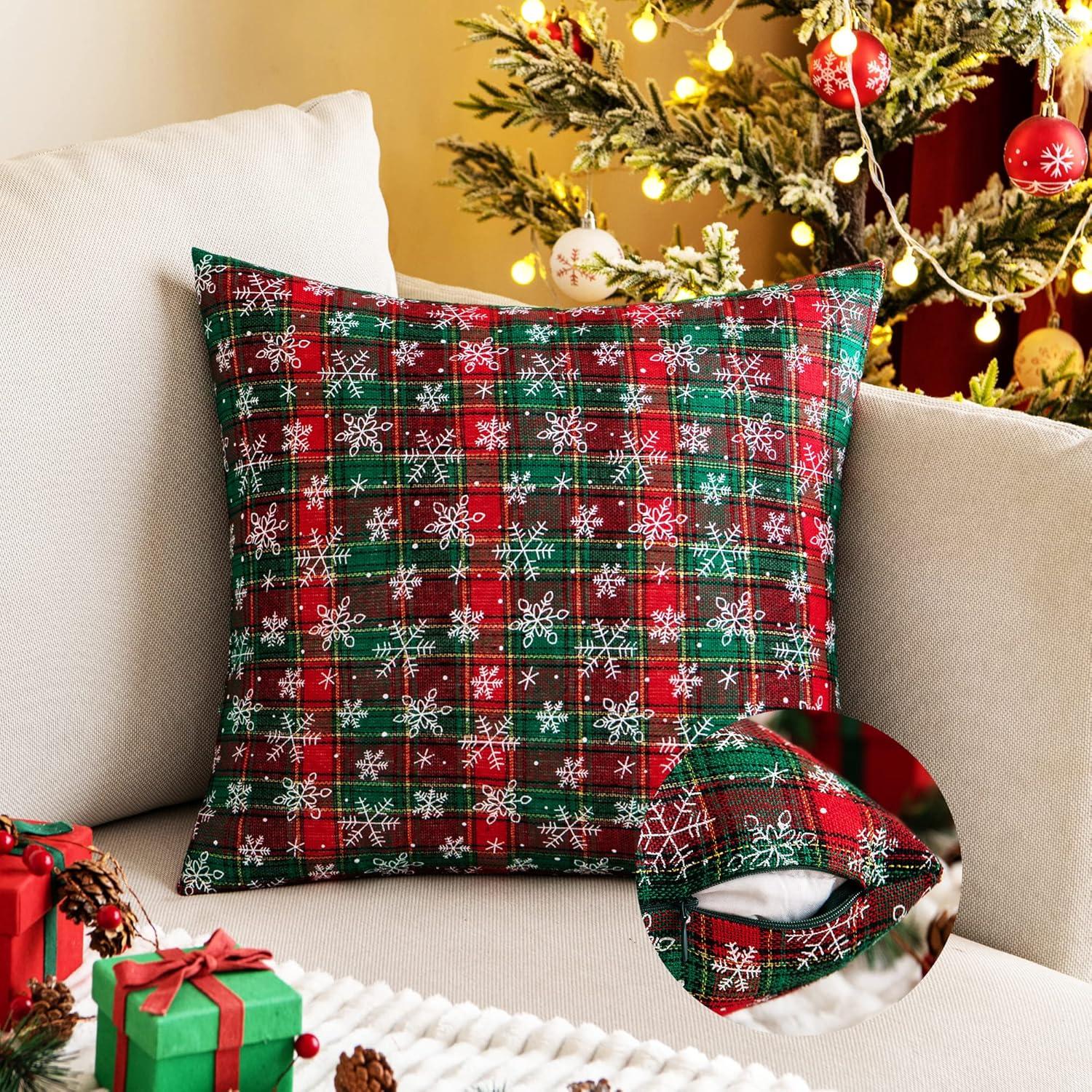 Red and Beige Tartan Plaid Snowflake 18" Polyester Euro Pillow Covers