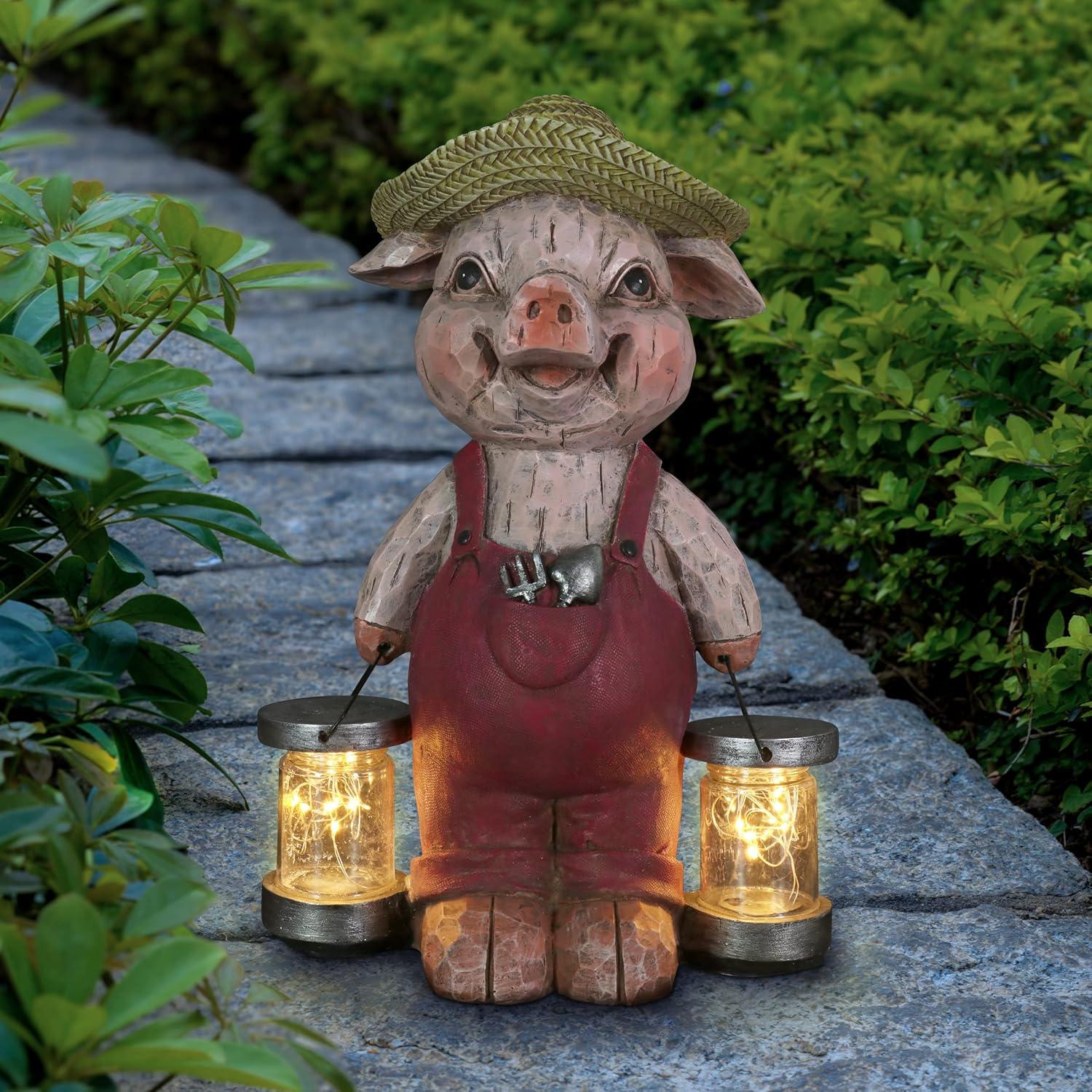 Rustic Farmhouse Pig Garden Statue with Solar LED Lights