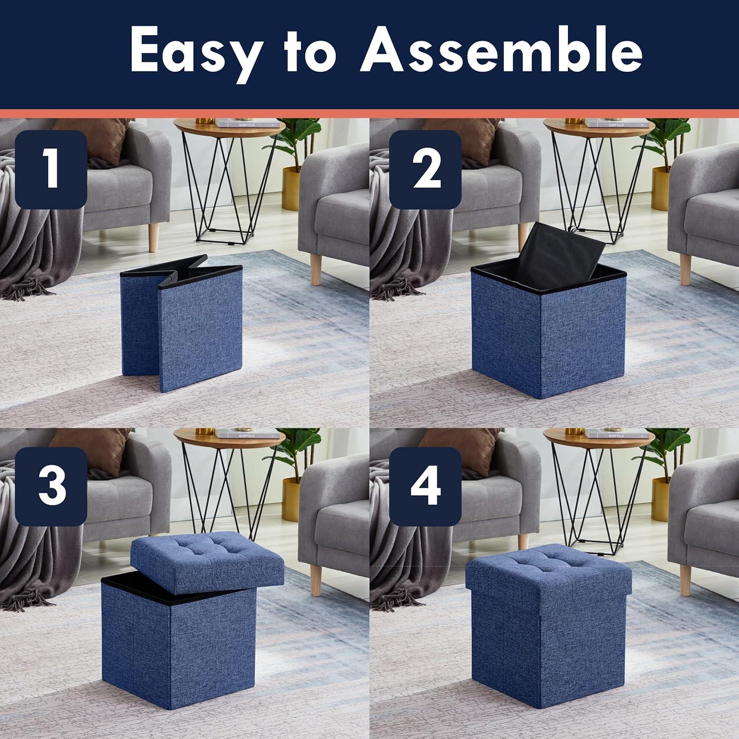 Contemporary Navy Blue Tufted Linen Foldable Storage Ottoman