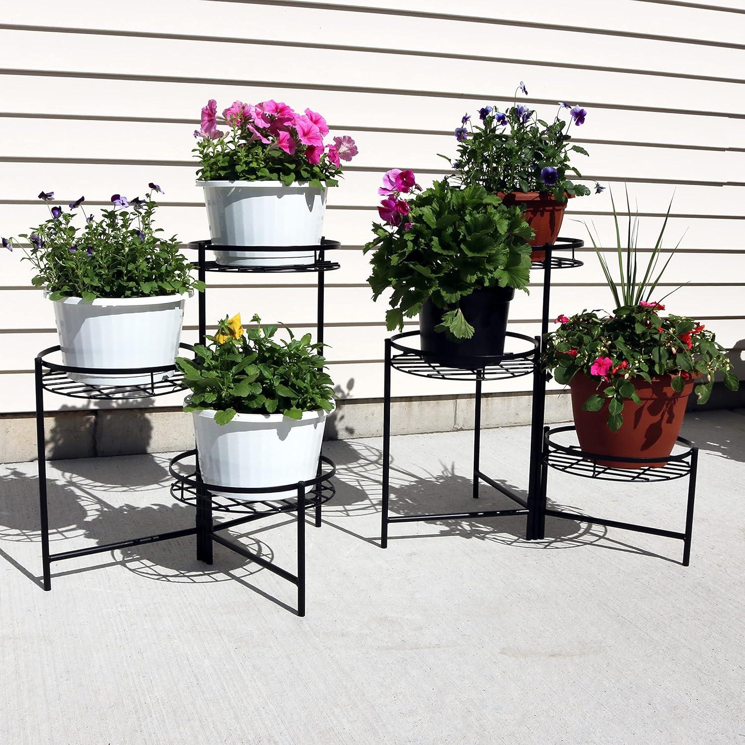 Sunnydaze Iron Metal 3-Tiered Decorative Flower Plant Pot Holder Stand Display - Black - 2pk