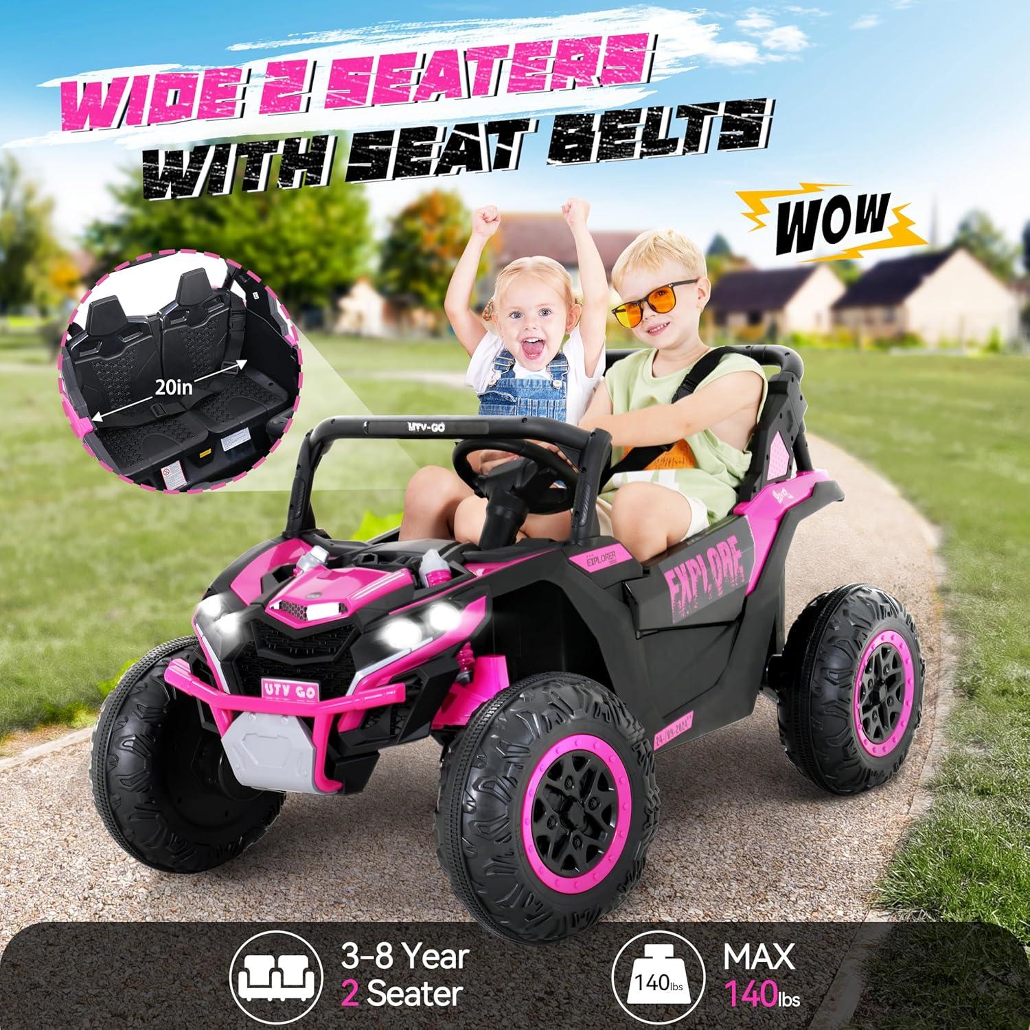 Yisufo 24V Kids Ride on Toys UTV with Remote Control,4WD 2 Seater Ride on Truck Car,7Ah Large Battery Electric Car with 3 Speed, LED Lights, Music for 3-8 Years Kids Pink