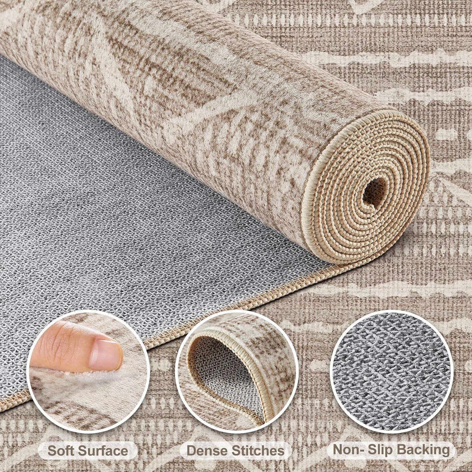 FairOnly 9'x12' Brown White Area Rugs Machine Washable Vintage Rugs for Bathroom Geometric Moroccan Ultra-Thin Area Rugs for Family Room Living Room Carpet