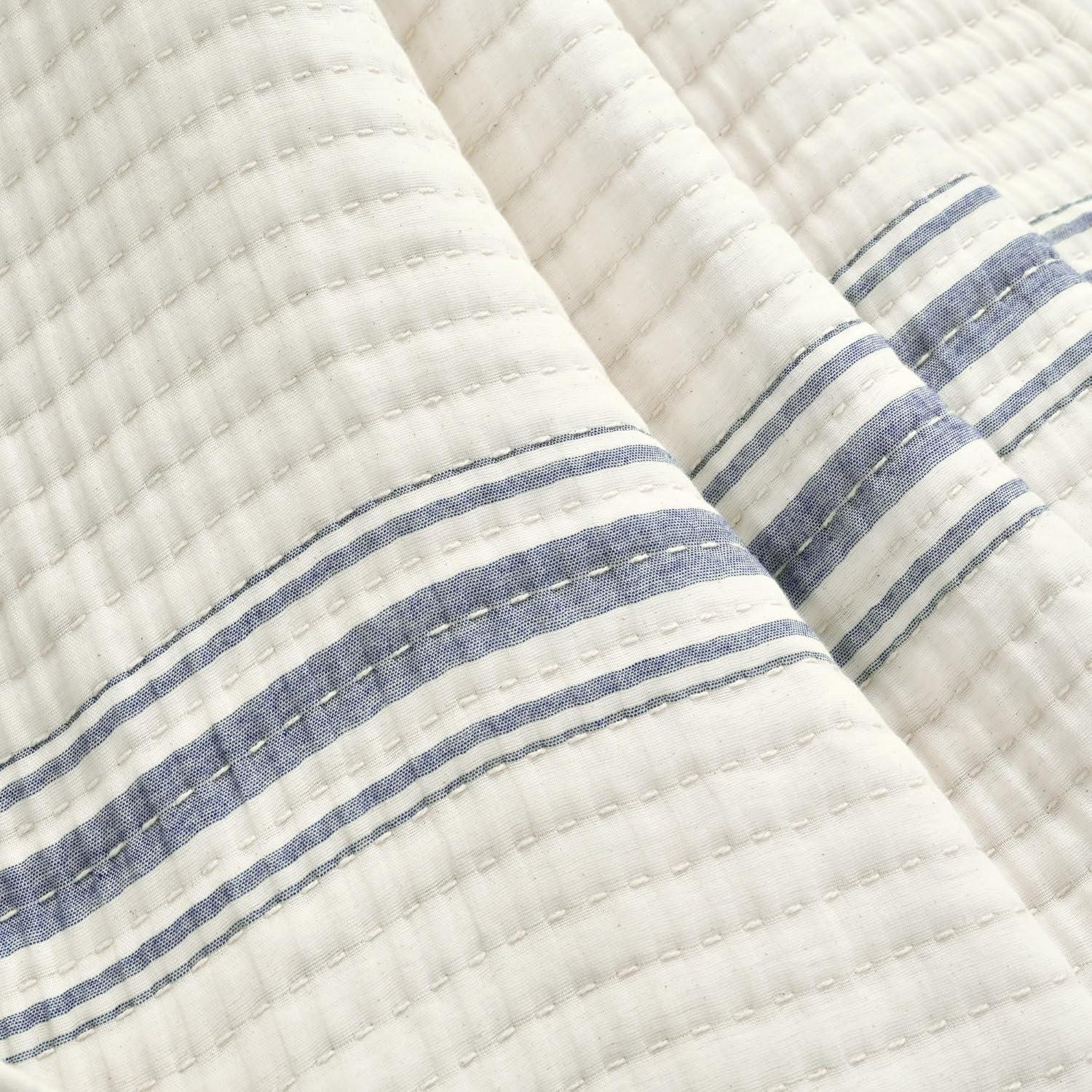 Lush Decor Farmhouse Stripe Kantha Pick Stich Yarn Dyed Cotton Woven Throw Reversible Ticking Pinstripe Design Blanket, 50" x 60", Navy