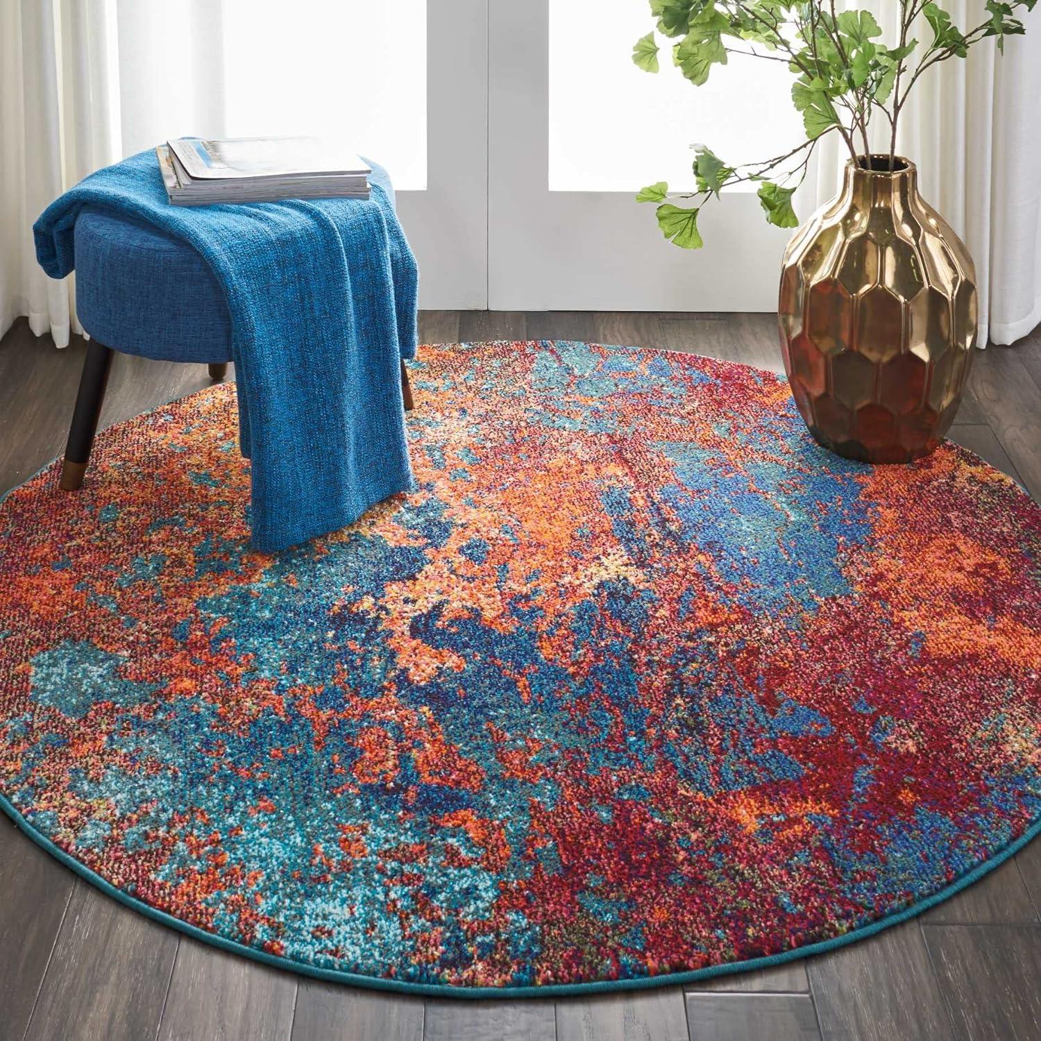 Round Blue Abstract Synthetic Easy Care Rug, 5'3"