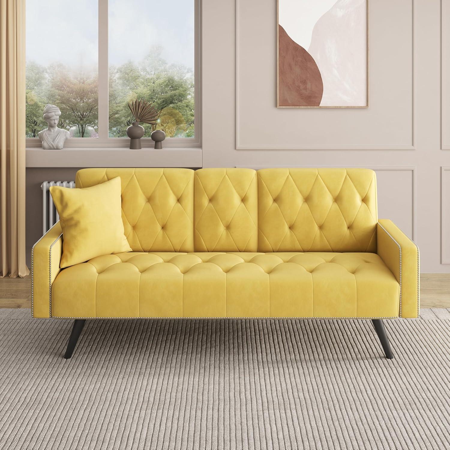 Yellow Velvet Tufted Sleeper Loveseat with Nailhead Trim