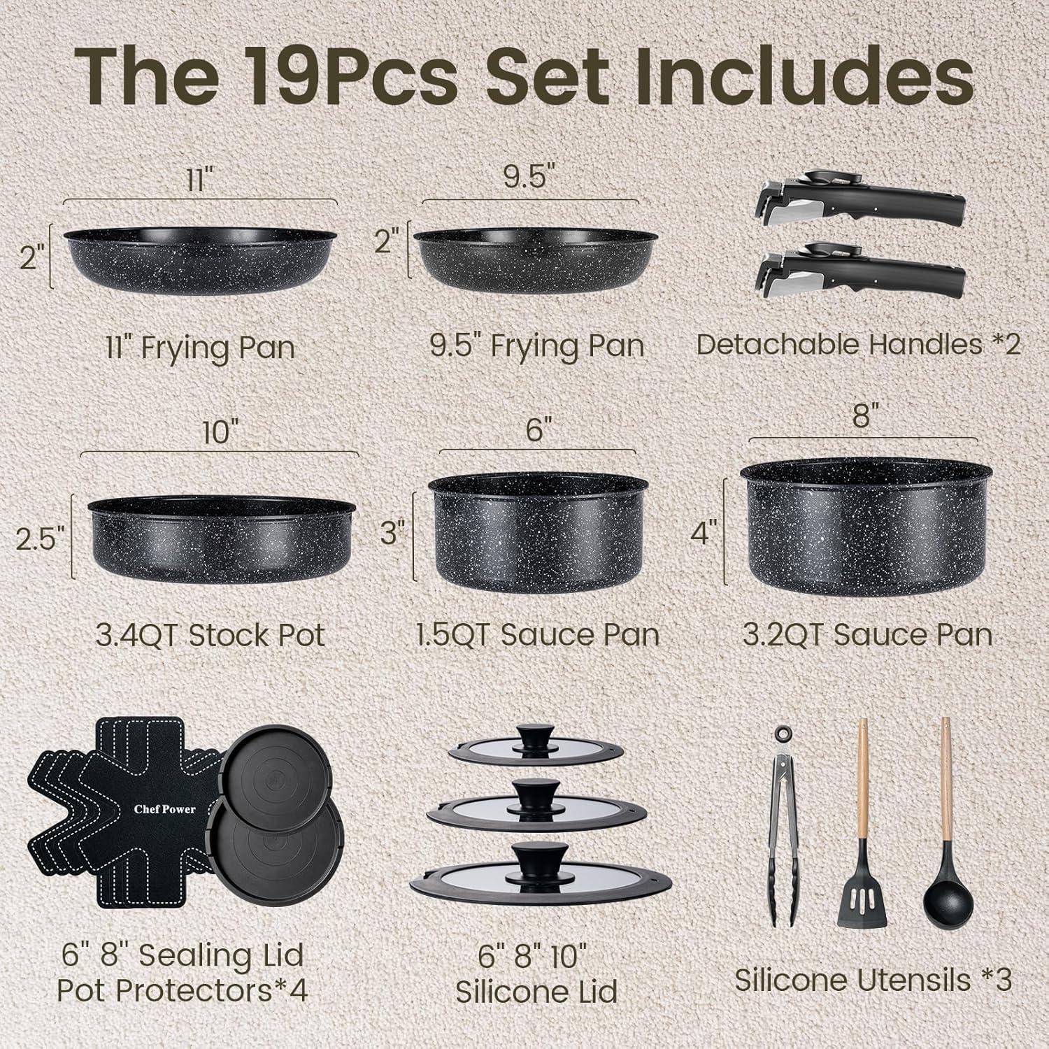 Rock Stone Black 19-Piece Nonstick Stainless Steel Cookware Set