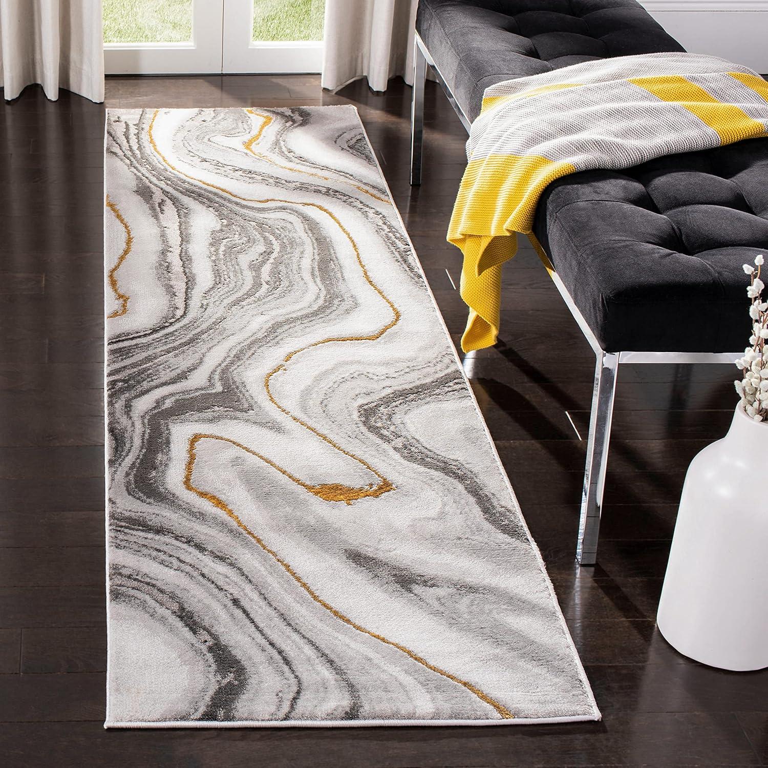 Elysian Swirls Grey and Gold 2'3" x 6' Synthetic Runner Rug