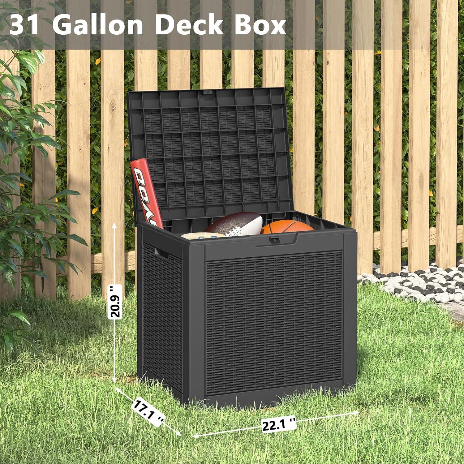 LHBcraft 31 Gallon Deck Box, Resin Outdoor Storage Box, Waterproof and UV Resistant Lightweight Storage Deck Box for Garden Tools, Supplies, Toys