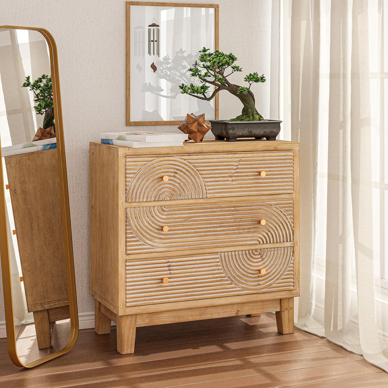 COZAYH 3-Drawer Farmhouse Dresser with Handicraft Wood Ring Motif, Fully Assembled Nightstand Wooden Finish for Boho, Mid-century, Rustic Style, Natural Wood
