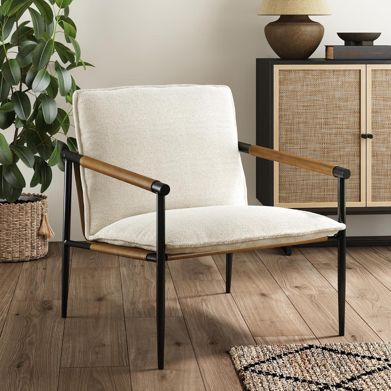 Nathan James Metal Accent Chair Boucle Fabric: Upholstered Lounge Armchair for Bedroom, Cotton & Faux Leather