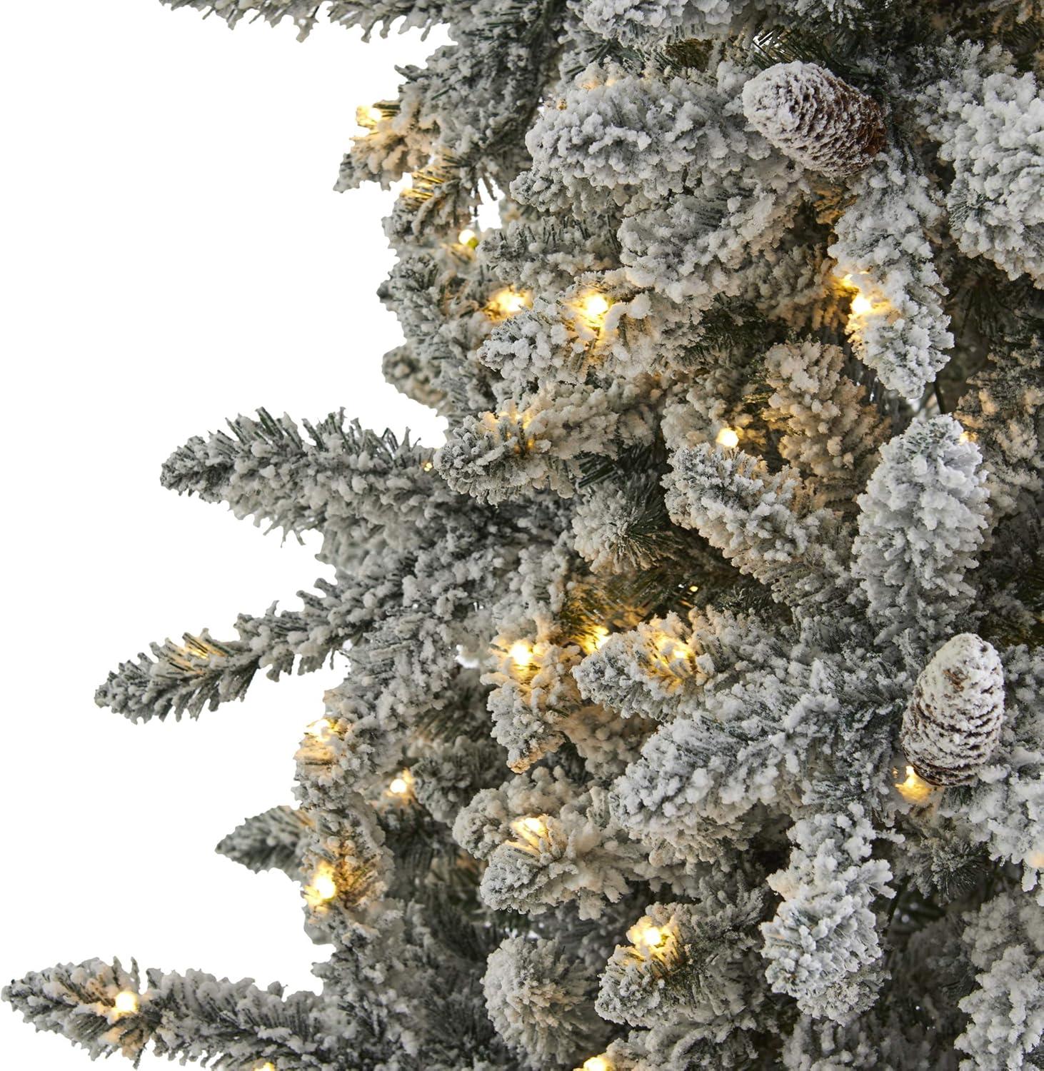 Nearly Natural Pre-Lit LED Flocked Livingston Fir Artificial Christmas Tree with Pinecones Clear Lights