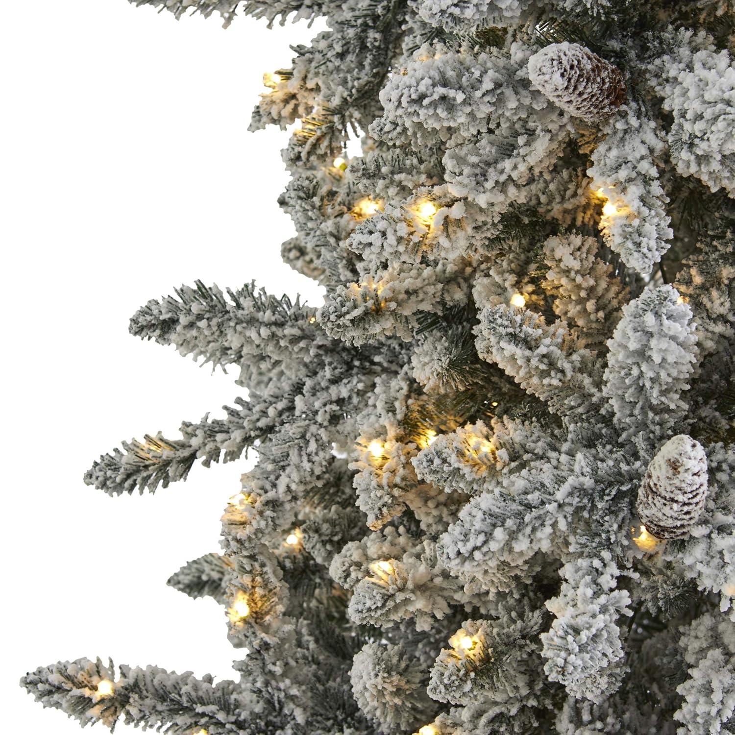 Nearly Natural 7.5' Pre-Lit LED Flocked Slim Livingston Fir with Pinecones, Electric Powered