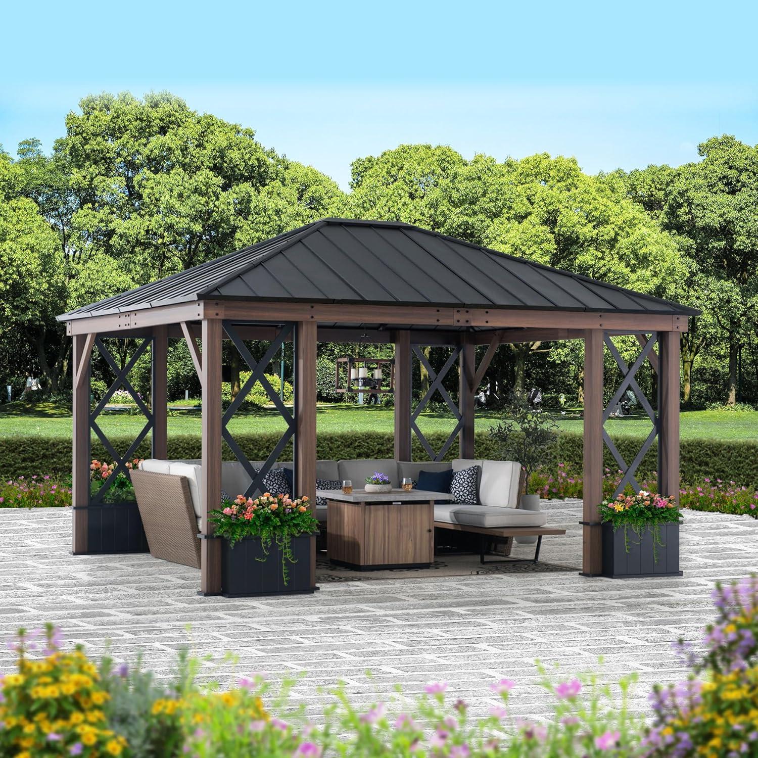 Sunjoy Sunjoy 13 ft. x 15 ft. Hardtop Gazebo, Outdoor Black Steel Roof Gazebo Aluminum Framed Gazebo with Planters and Ceiling Hook for Patio, Garden, and Backyard Activities