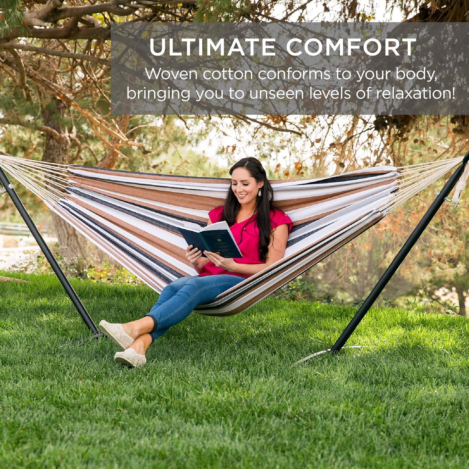 Knutsford 2-Person Brazilian-Style Cotton Double Hammock with Stand Set w/ Carrying Bag